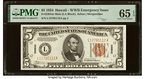 image for: Fr. 2301 $5 1934 Mule Hawaii Federal Reserve Note. PMG Gem Uncirculated 65 EPQ....