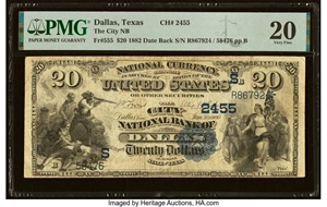 image for: Dallas, TX - $20 1882 Date Back Fr. 555 The City National Bank Ch. # (S)2455 PMG Very Fine 20....
