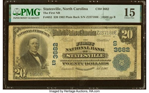 image for: Statesville, NC - $20 1902 Plain Back Fr. 652 The First National Bank Ch. # (S)3682 PMG Choice Fine 15....