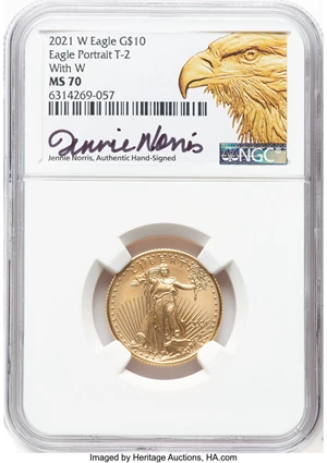 image for: 2021-W $10 Quarter Ounce Gold Eagle, Type Two, Unfinished Proof Dies, With W MS70 NGC. Jennie Norris, Authentic Hand-Signed...