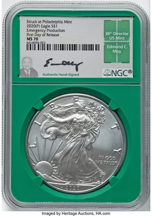 image for: 2020-(P) $1 Silver Eagle, Emergency Production Struck at Philadelphia, First Day of Issue MS70 NGC. Edmund C. Moy, Authent...