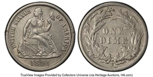 image for: 1891-S/S 10C Repunch Mintmark, Medium Over Small S, FS-501, F-105, R.4, AU50 PCGS. PCGS Population: (1/3). Mintage 3,196,1...