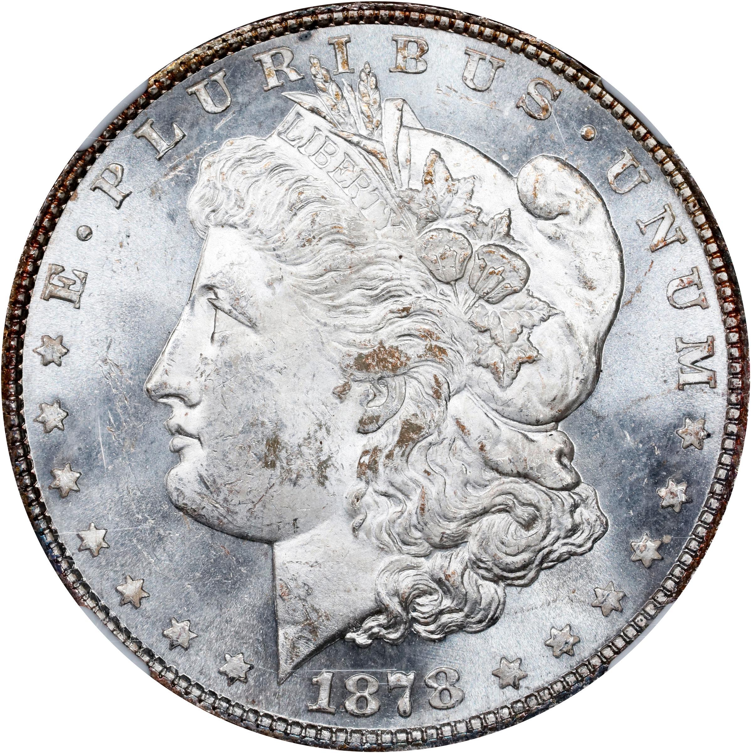 image for: 1878 Morgan Silver Dollar. 8 Tailfeathers. VAM-23. Top 100 Variety. Doubled Profile, Crazy Lips. MS-62 PL (NGC).