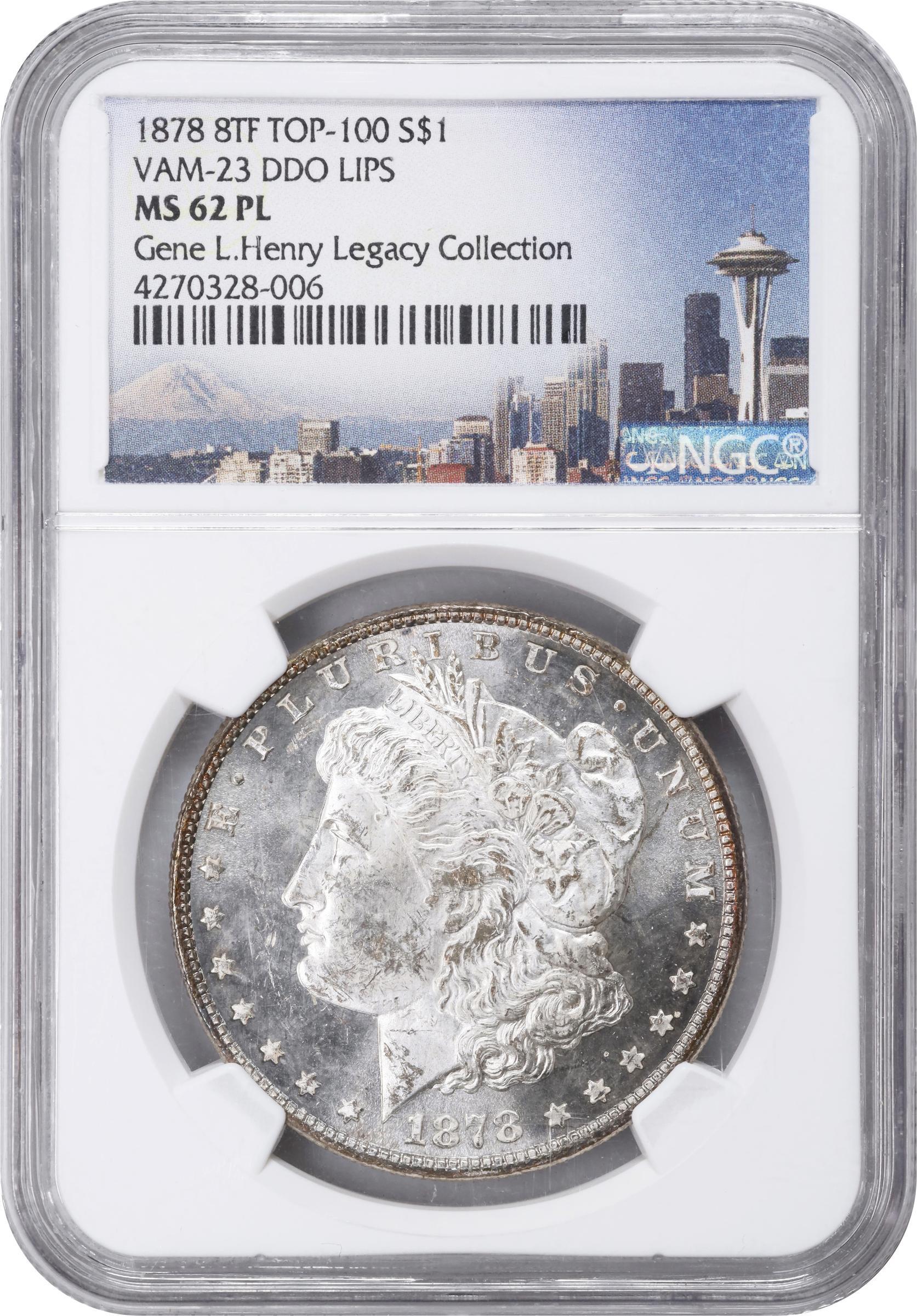 image for: 1878 Morgan Silver Dollar. 8 Tailfeathers. VAM-23. Top 100 Variety. Doubled Profile, Crazy Lips. MS-62 PL (NGC).