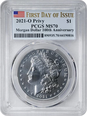 image for: 2021 Silver Dollar Anniversary Coin. Morgan. O Privy Mark. First Day of Issue. MS-70 (PCGS).
