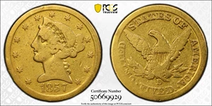 image for: 1857-D Liberty Head Half Eagle. Winter 41-HH. Good Details--Cleaned (PCGS).