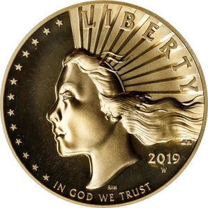 image for: 2019-W American Liberty High Relief $100 Gold Coin. Enhanced Finish. Specimen-70 Ultra Cameo (NGC). U.S. Mint Designer Donna Weaver Signature.