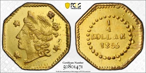 image for: 1855/4 Octagonal 25 Cents. BG-106. Rarity-3. Liberty Head. MS-63 (PCGS).