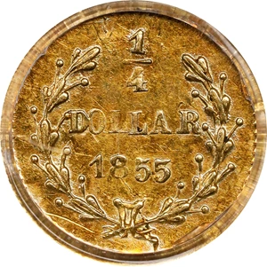 image for: 1855 Round 25 Cents. BG-226A. Rarity-5. Liberty Head. Unc Details--Bent (PCGS).