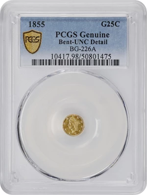 image for: 1855 Round 25 Cents. BG-226A. Rarity-5. Liberty Head. Unc Details--Bent (PCGS).