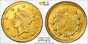 image for: 1855 Round 25 Cents. BG-226A. Rarity-5. Liberty Head. Unc Details--Bent (PCGS).