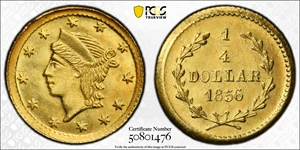 image for: 1856 Round 25 Cents. BG-230. Rarity-4-. Liberty Head. MS-65 (PCGS).
