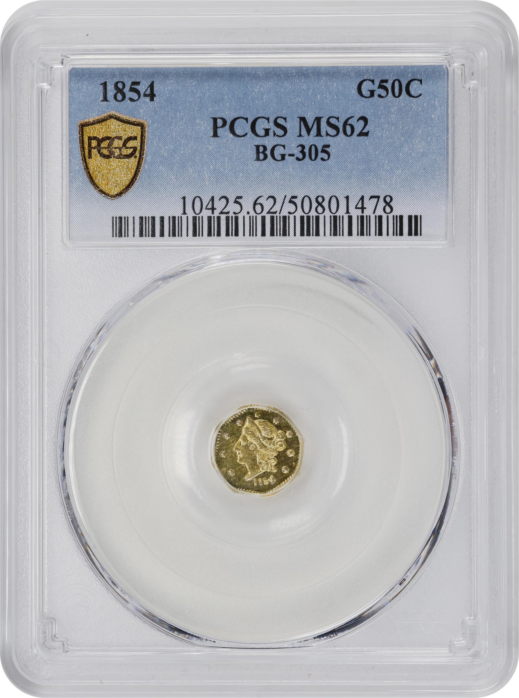 image for: 1854 Octagonal 50 Cents. BG-305. Rarity-4-. Liberty Head. MS-62 (PCGS).