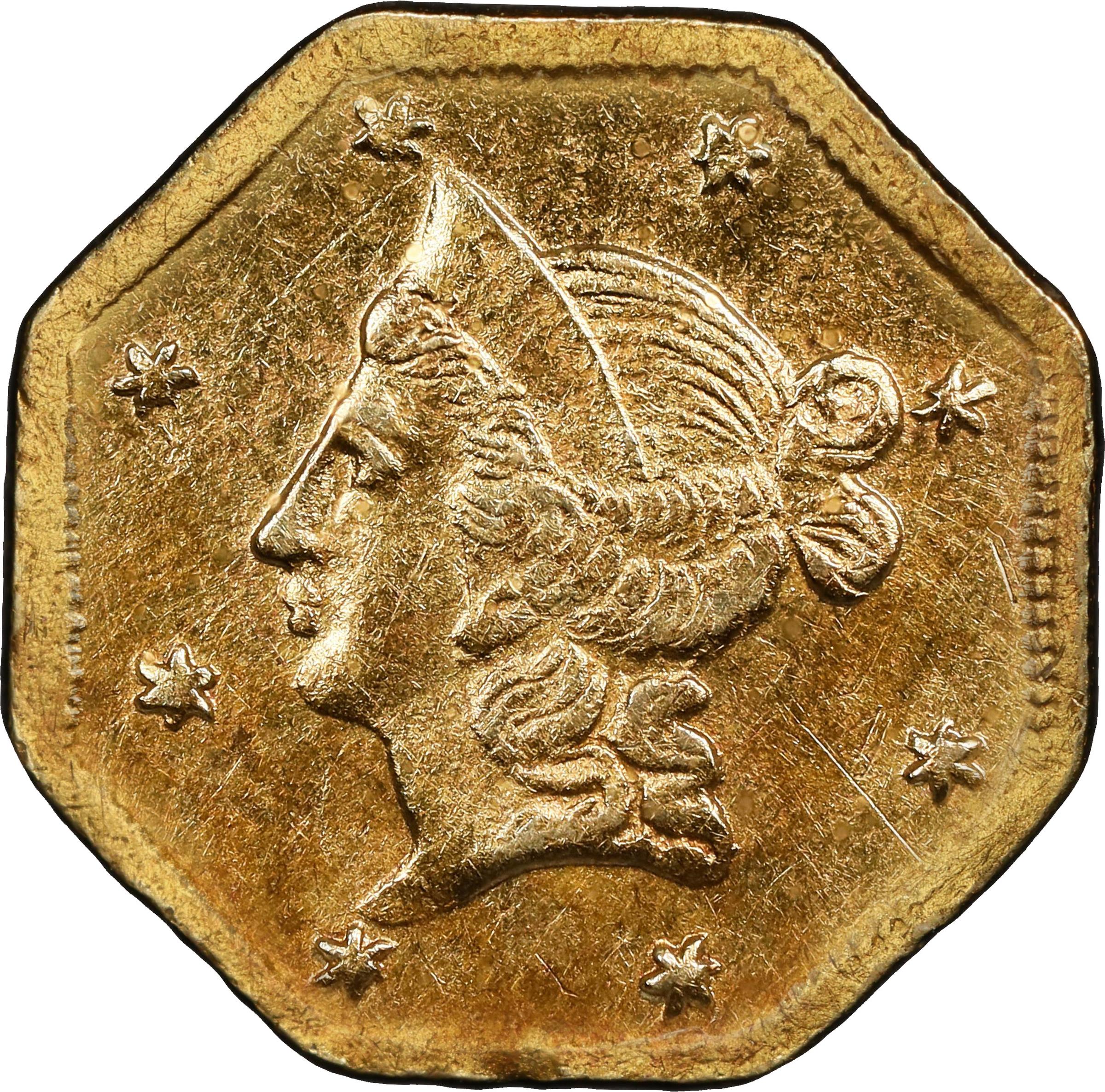 image for: 1853-DERI Octagonal $1. BG-523. Rarity-5. Liberty Head. AU Details--Cleaned (PCGS).