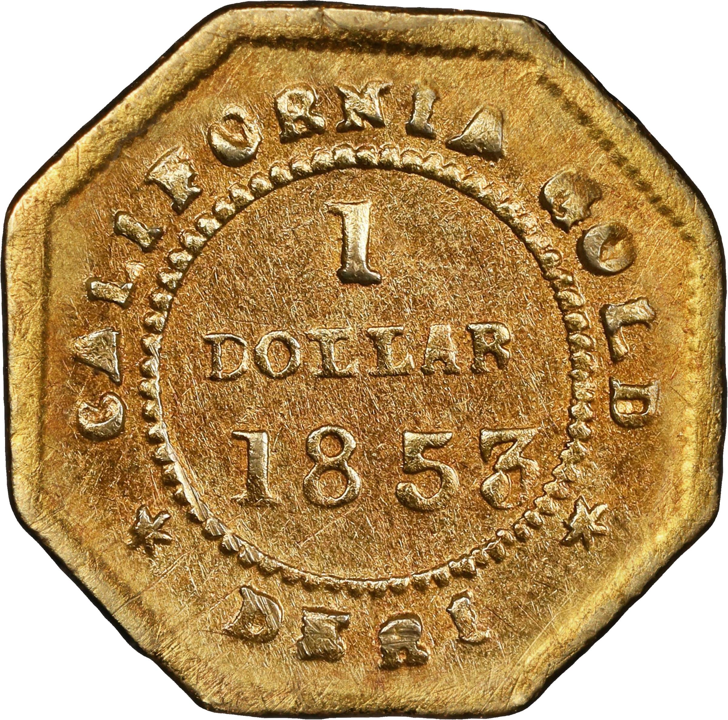 image for: 1853-DERI Octagonal $1. BG-523. Rarity-5. Liberty Head. AU Details--Cleaned (PCGS).