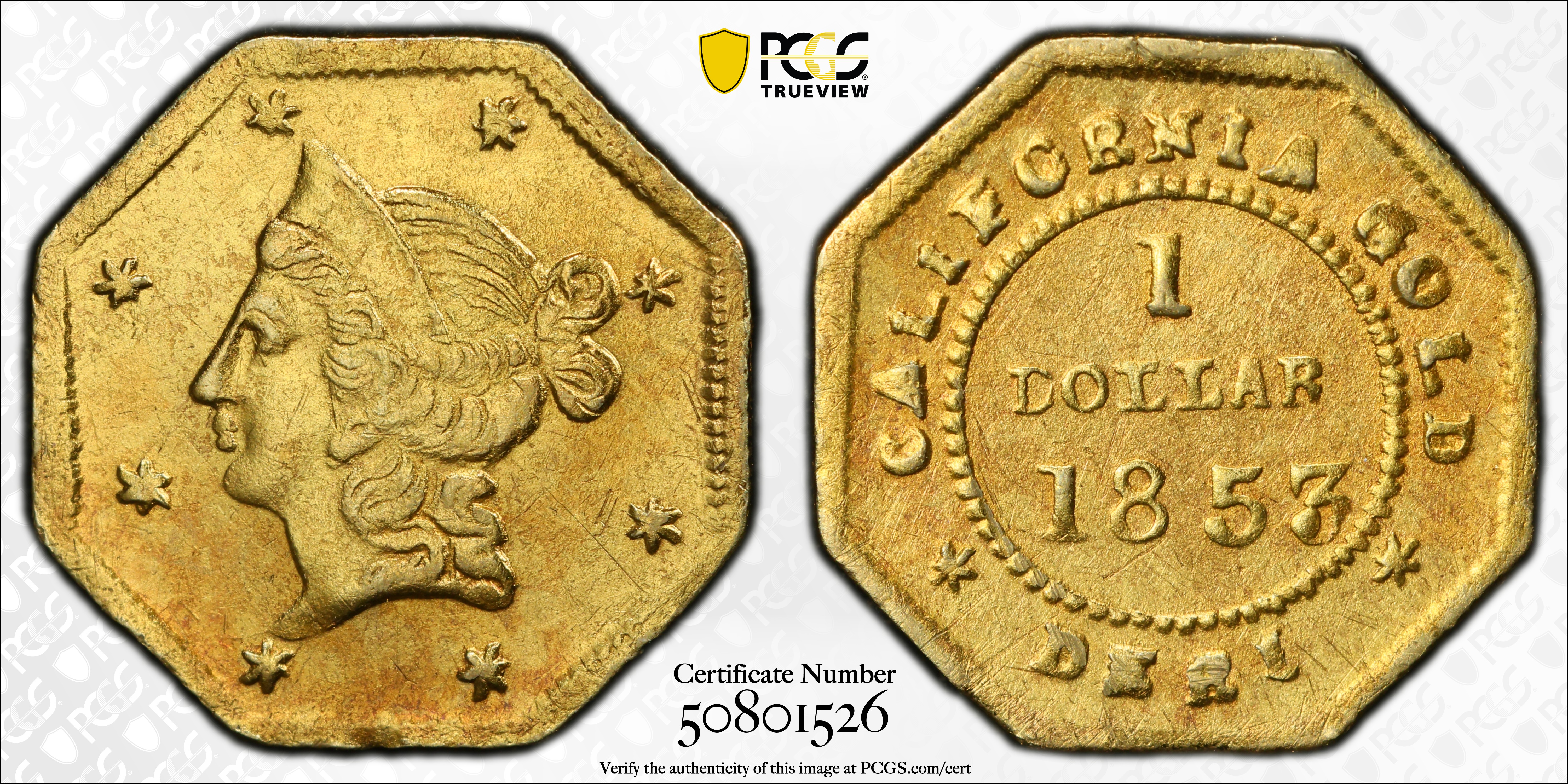 image for: 1853-DERI Octagonal $1. BG-523. Rarity-5. Liberty Head. AU Details--Cleaned (PCGS).