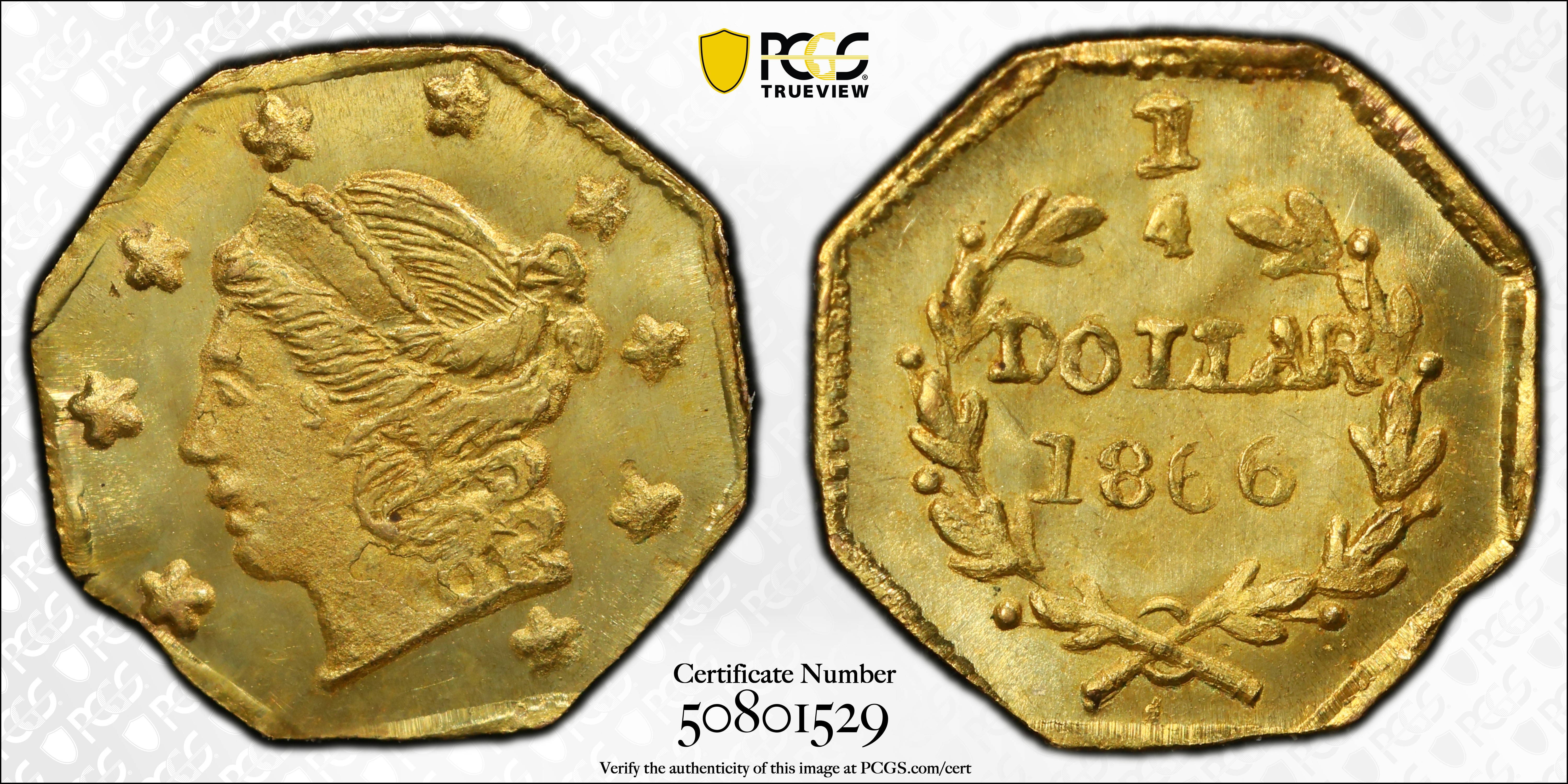 image for: 1866 Octagonal 25 Cents. BG-708. Rarity-4+. Liberty Head. MS-65 (PCGS).