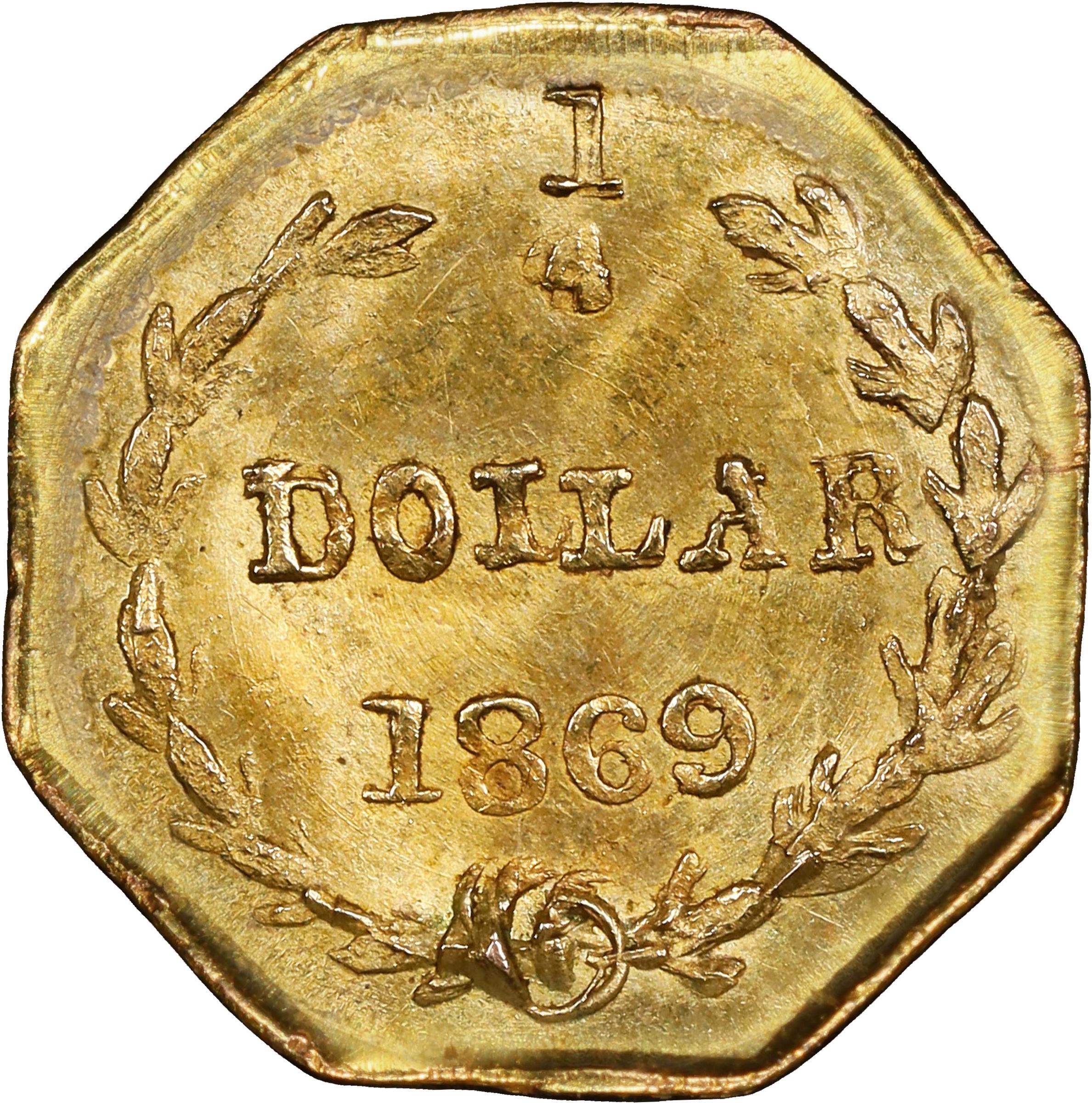 image for: 1869 Octagonal 25 Cents. BG-712. Rarity-4+. Liberty Head. MS-66 (PCGS).