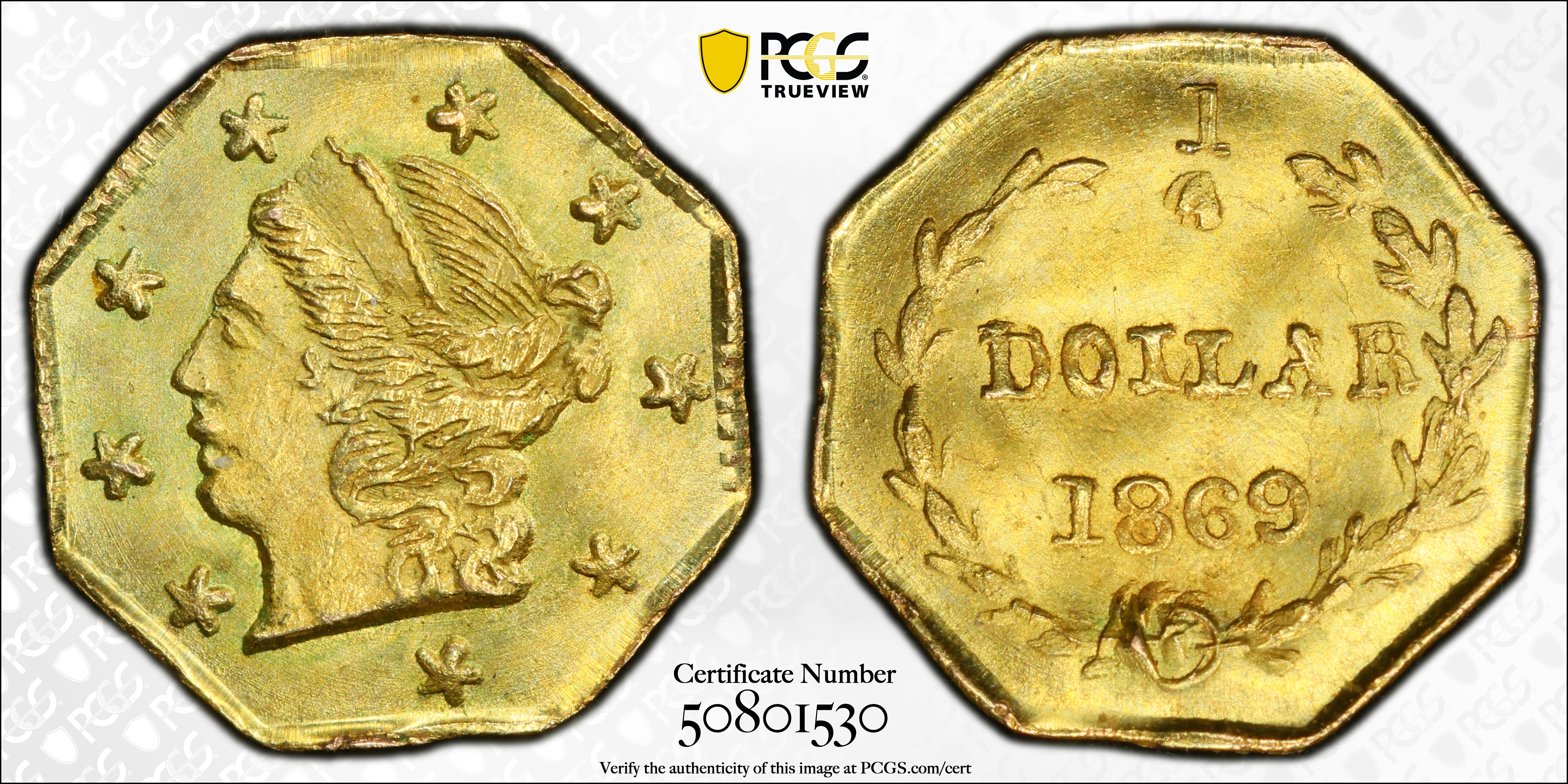 image for: 1869 Octagonal 25 Cents. BG-712. Rarity-4+. Liberty Head. MS-66 (PCGS).