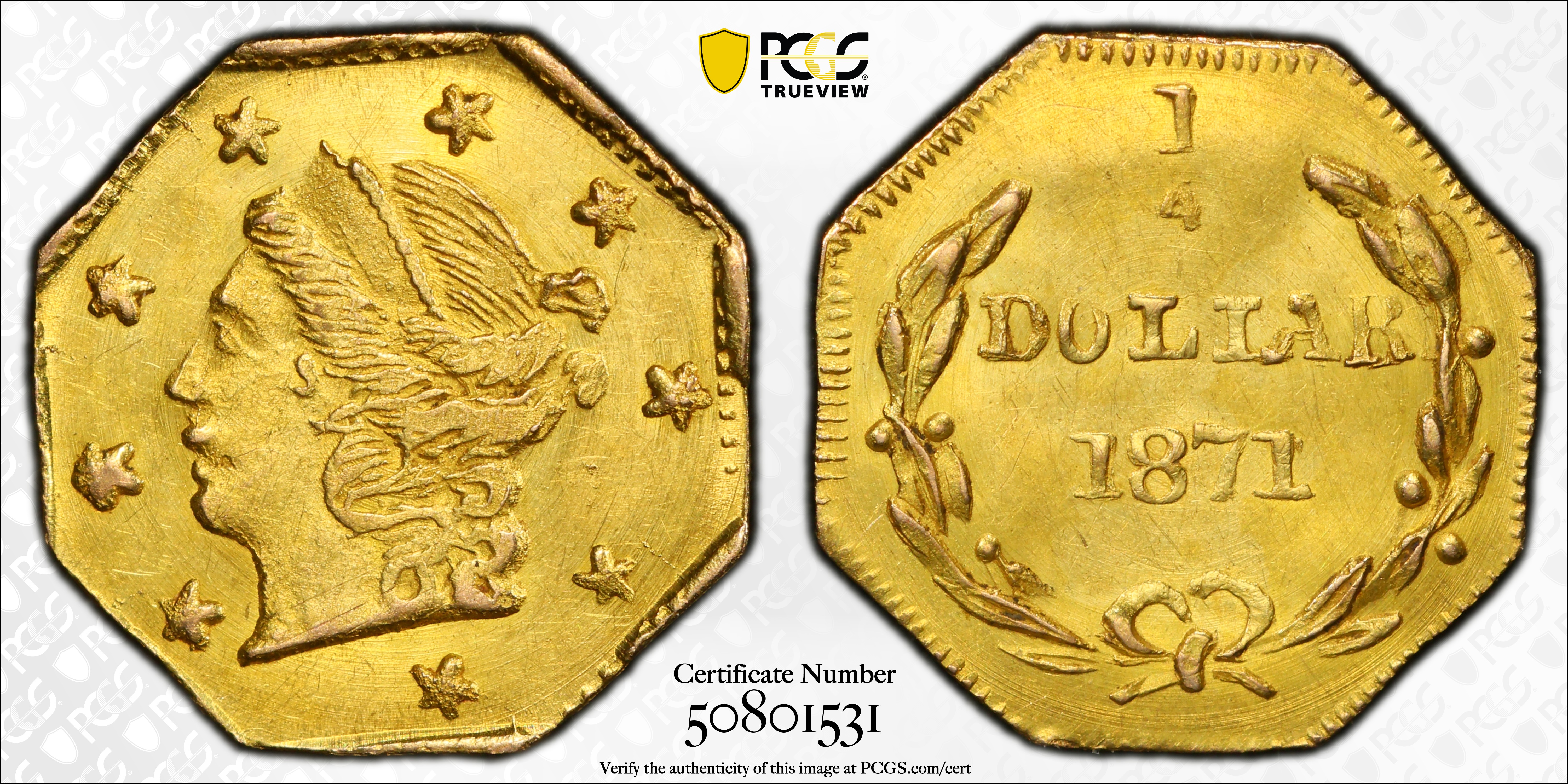 image for: 1871 Octagonal 25 Cents. BG-716. Rarity-6+. Liberty Head. MS-63 (PCGS).