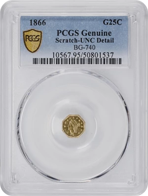 image for: 1866-G Octagonal 25 Cents. BG-740. Rarity-6-. Liberty Head. Unc Details--Scratch (PCGS).