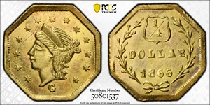 image for: 1866-G Octagonal 25 Cents. BG-740. Rarity-6-. Liberty Head. Unc Details--Scratch (PCGS).
