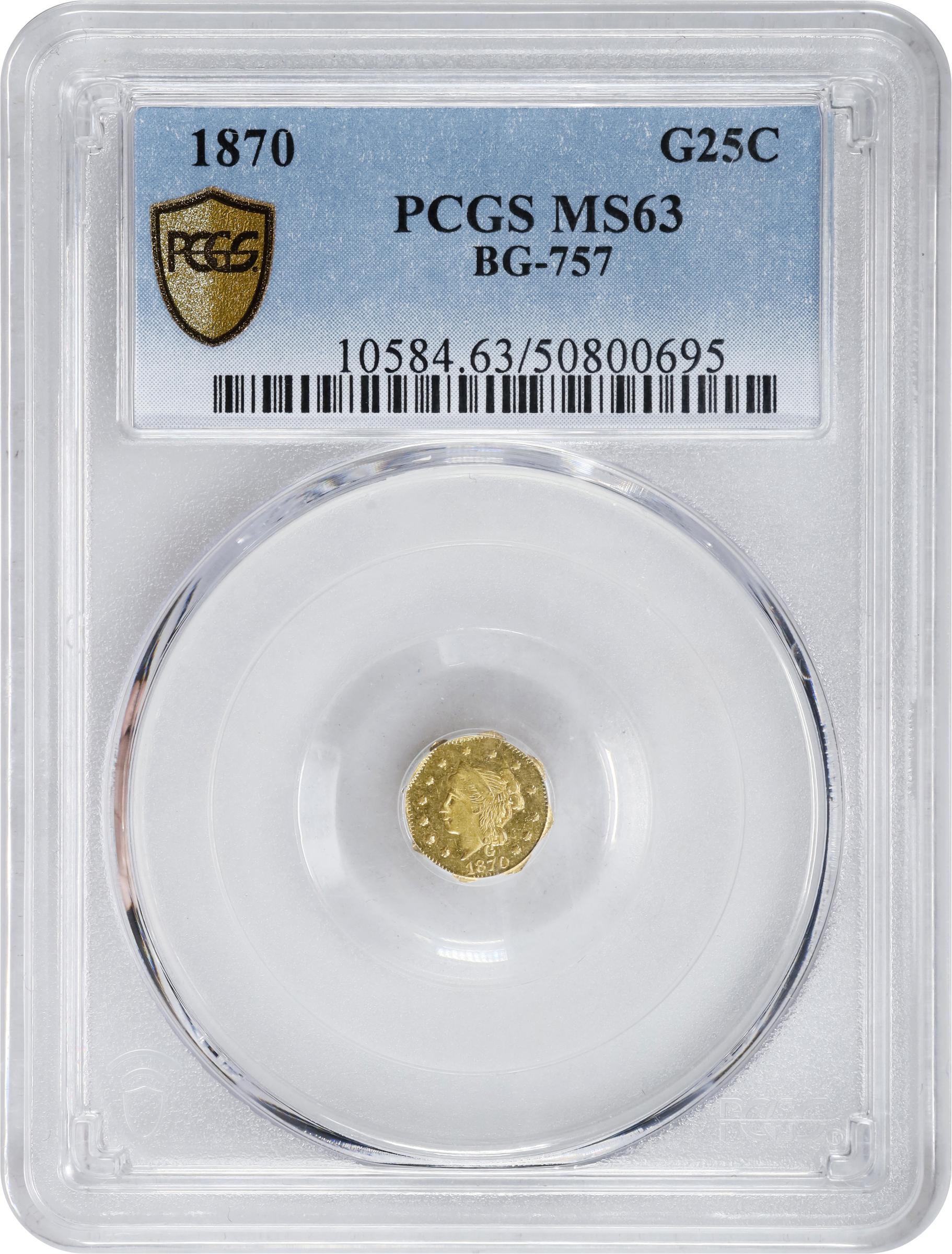 image for: 1870 Octagonal 25 Cents. BG-757. Rarity-6. Liberty Head. MS-63 (PCGS).