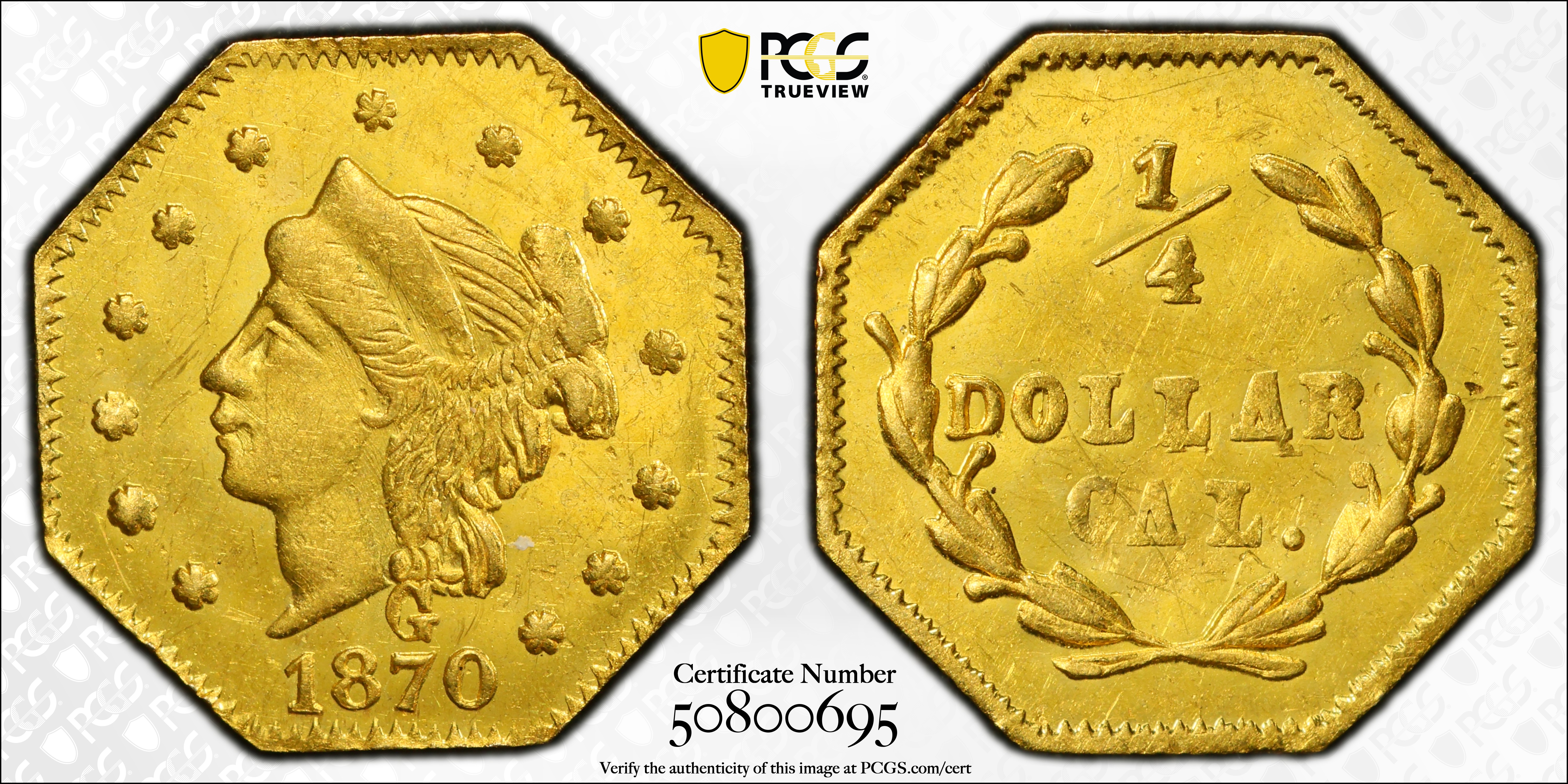 image for: 1870 Octagonal 25 Cents. BG-757. Rarity-6. Liberty Head. MS-63 (PCGS).