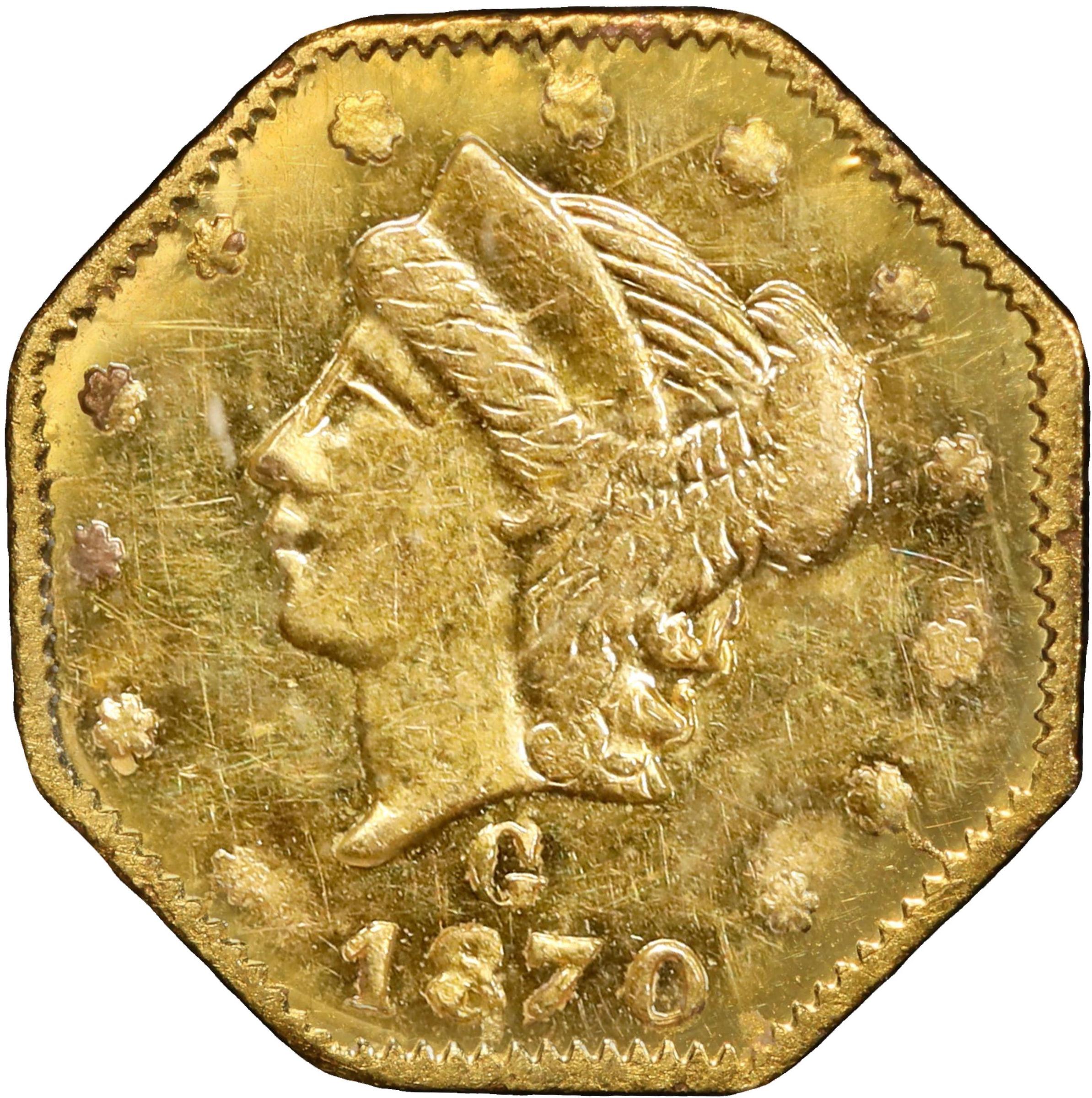 image for: 1870 Octagonal 25 Cents. BG-761. Rarity-4. Liberty Head. Unc Details--Scratch (PCGS).