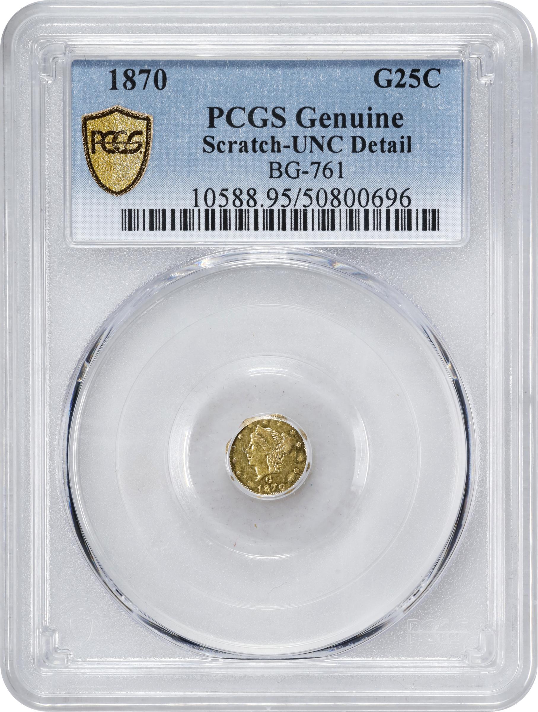 image for: 1870 Octagonal 25 Cents. BG-761. Rarity-4. Liberty Head. Unc Details--Scratch (PCGS).