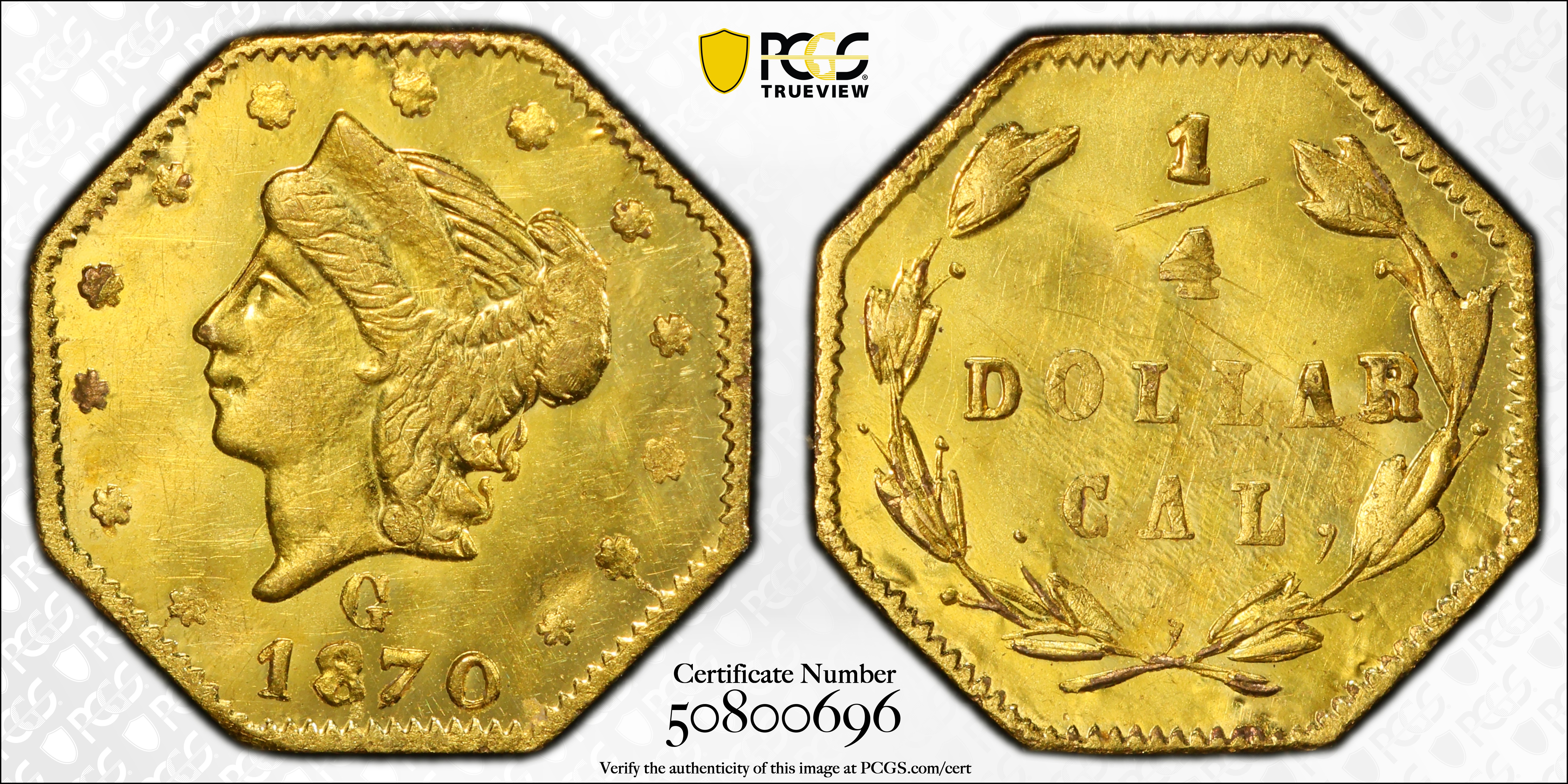 image for: 1870 Octagonal 25 Cents. BG-761. Rarity-4. Liberty Head. Unc Details--Scratch (PCGS).
