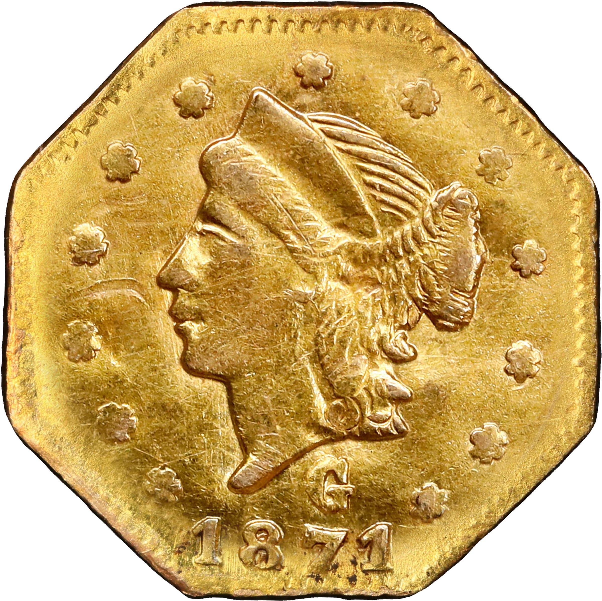 image for: 1871-G Octagonal 25 Cents. BG-764. Rarity-6-. Liberty Head. Unc Details--Damage (PCGS).