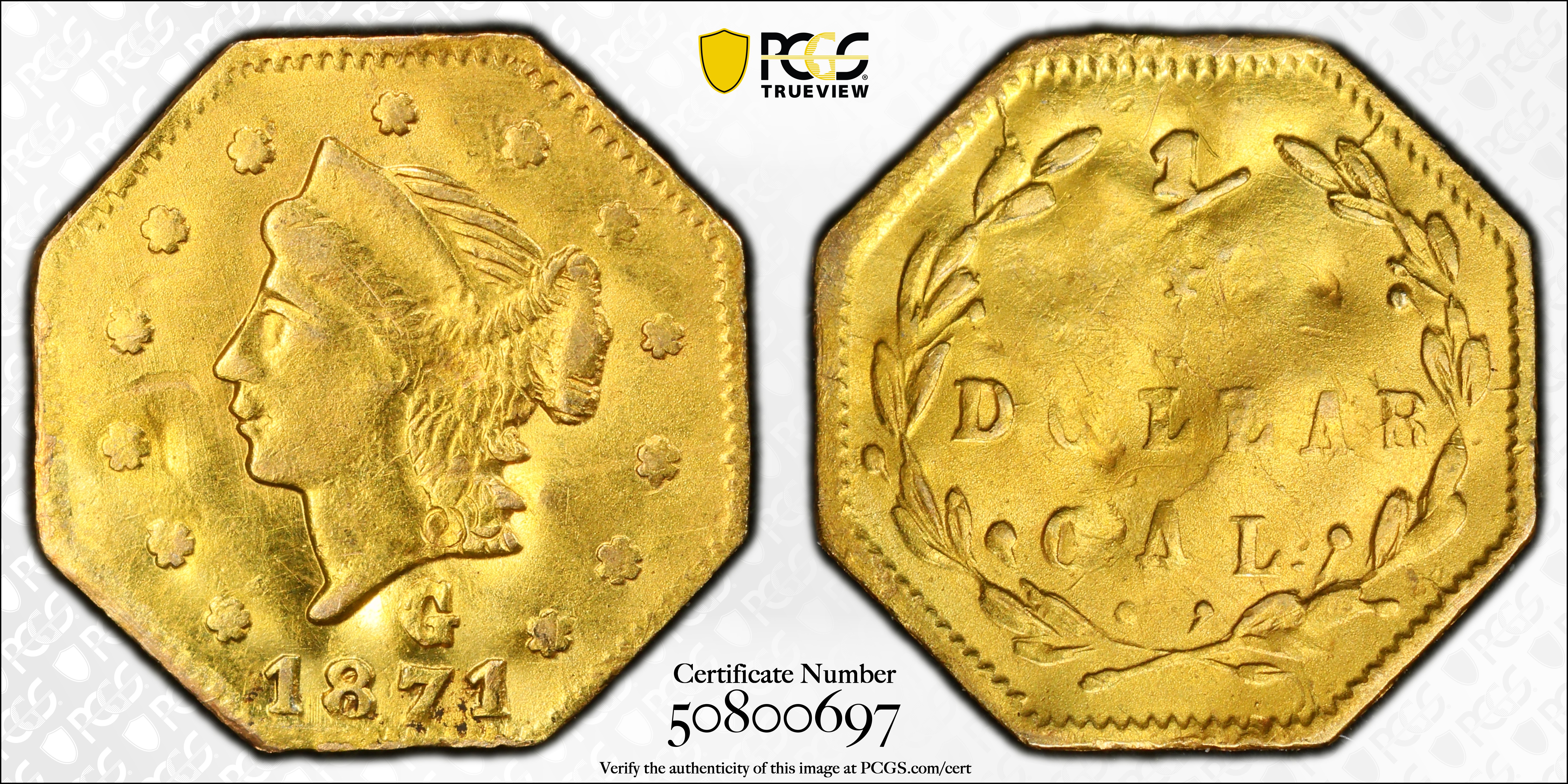 image for: 1871-G Octagonal 25 Cents. BG-764. Rarity-6-. Liberty Head. Unc Details--Damage (PCGS).