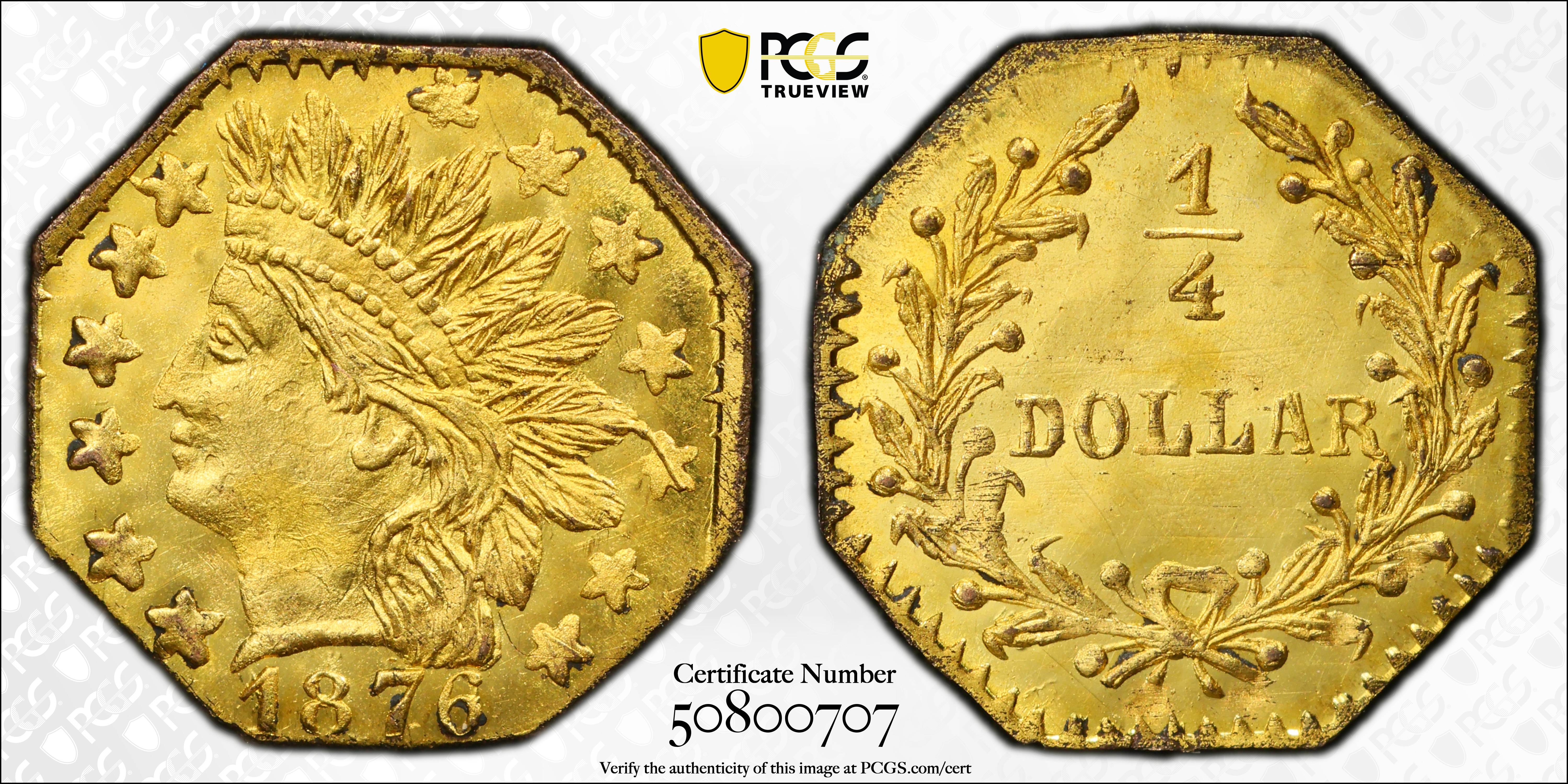 image for: 1876 Octagonal 25 Cents. BG-799C. Rarity-4+. Indian Head. MS-65 (PCGS).