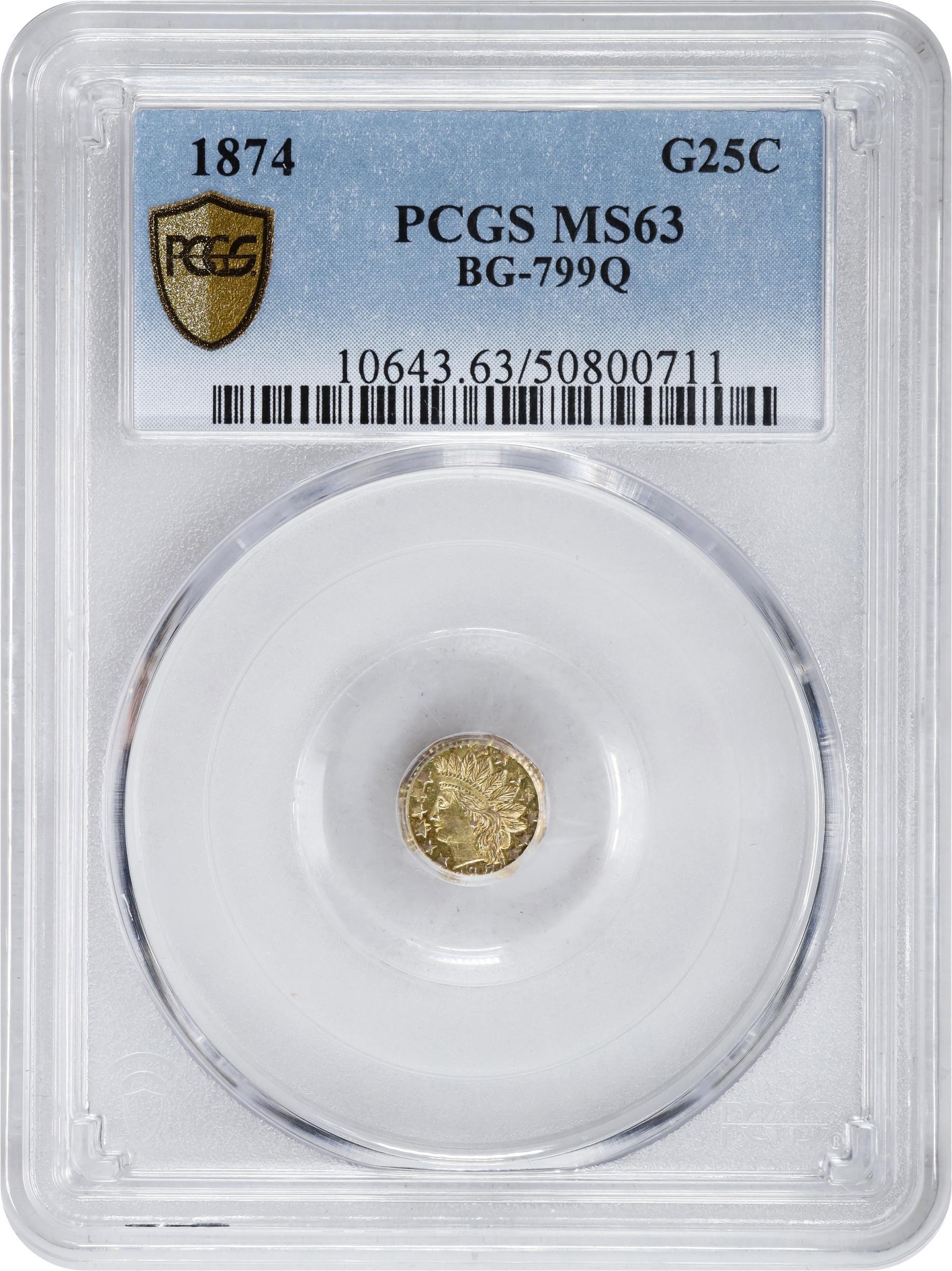 image for: 1874 Octagonal 25 Cents. BG-799Q. Rarity-5+. Indian Head. MS-63 (PCGS).