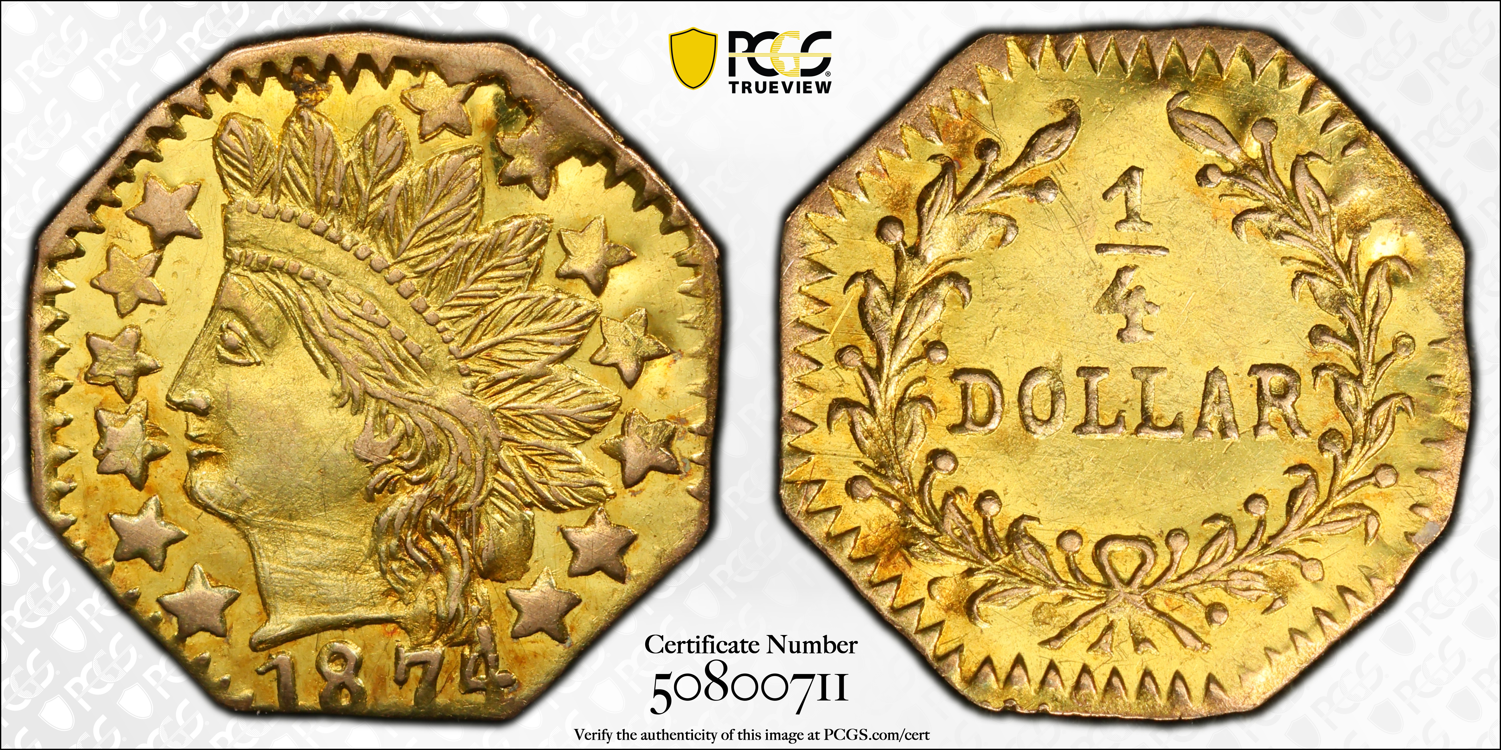 image for: 1874 Octagonal 25 Cents. BG-799Q. Rarity-5+. Indian Head. MS-63 (PCGS).