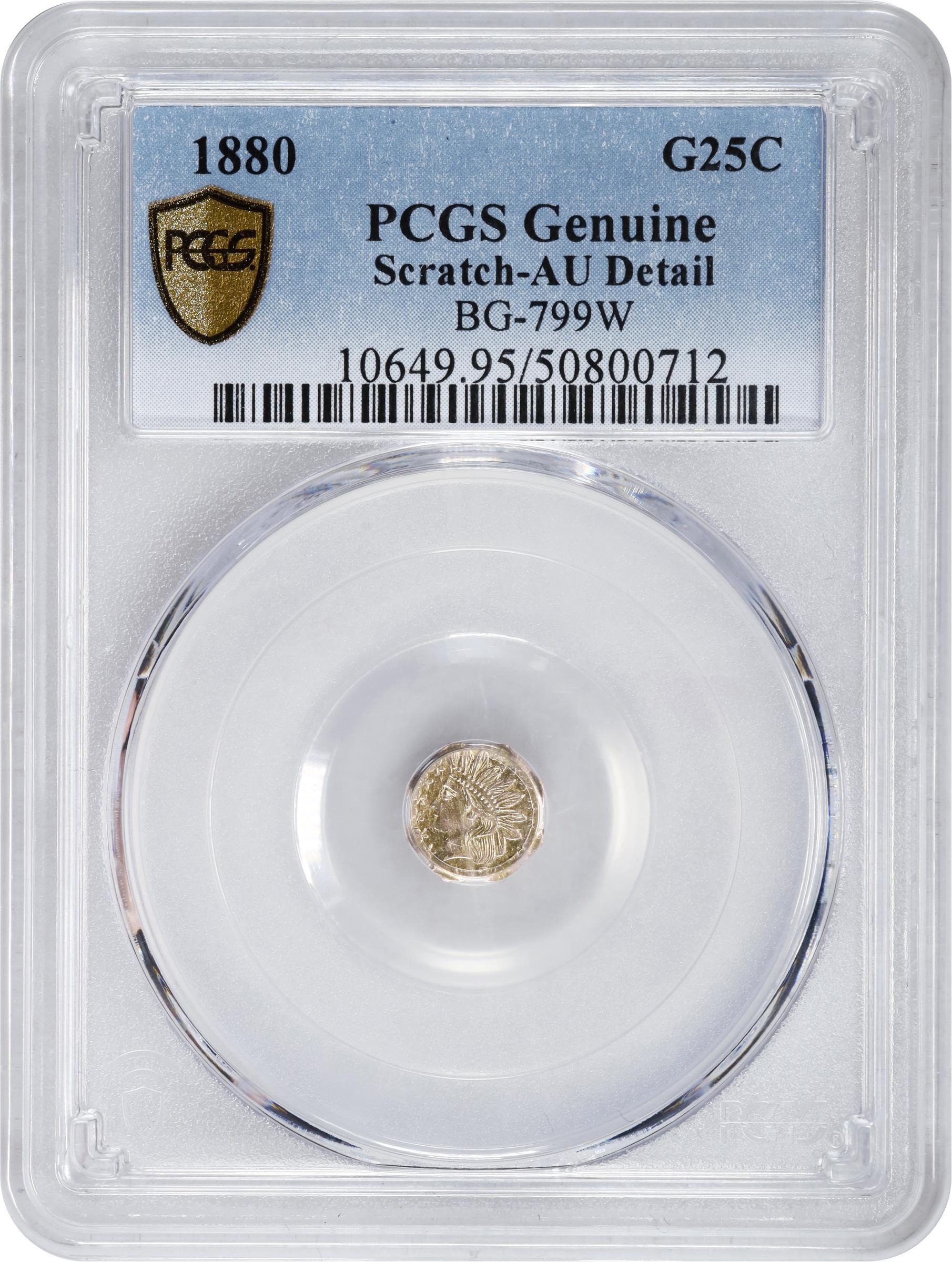 image for: 1880 Octagonal 25 Cents. BG-799W. Rarity-6+. Indian Head. AU Details--Scratch (PCGS).