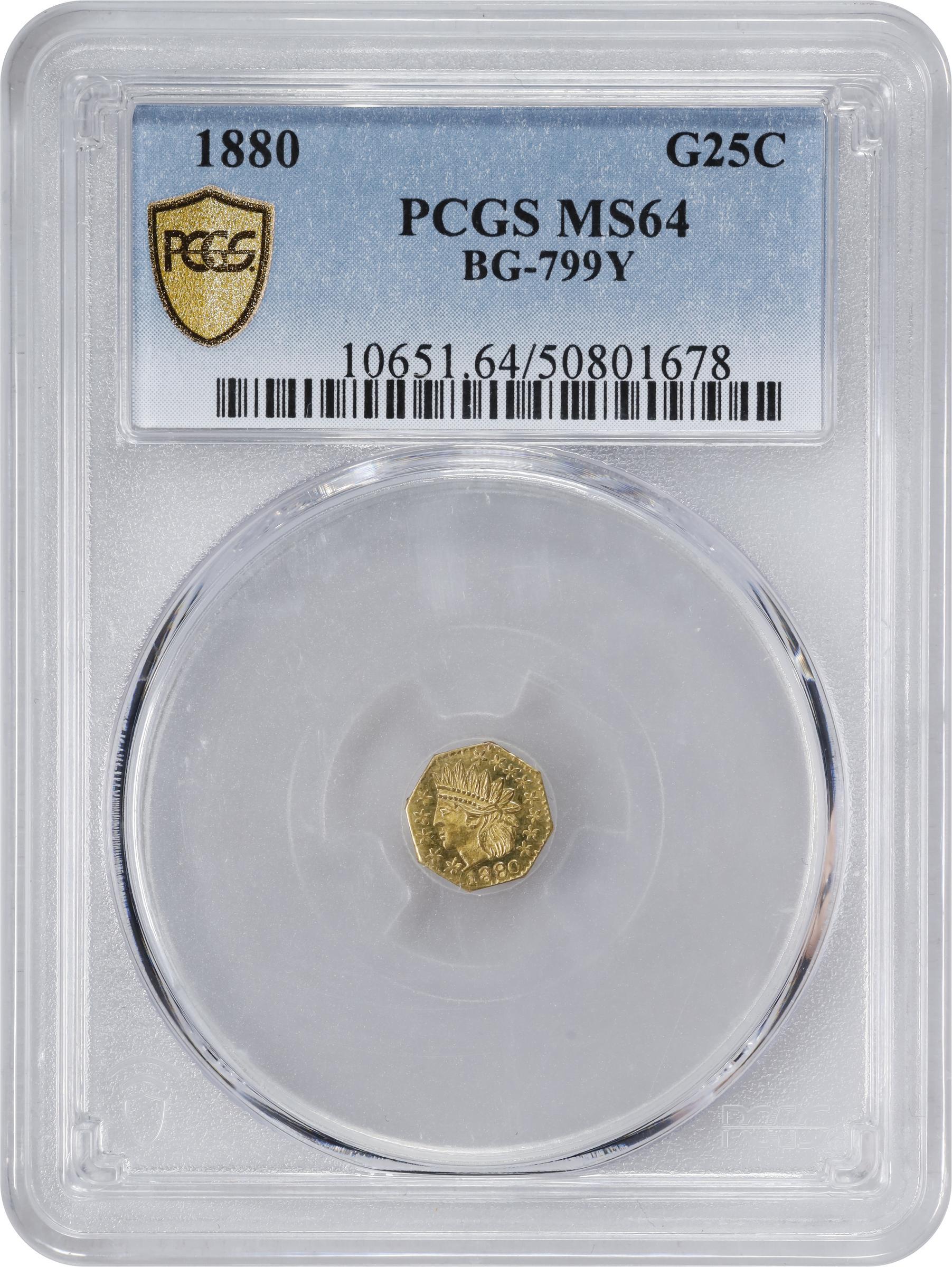 image for: 1880 Octagonal 25 Cents. BG-799Y. Rarity-4+. Indian Head. MS-64 (PCGS).