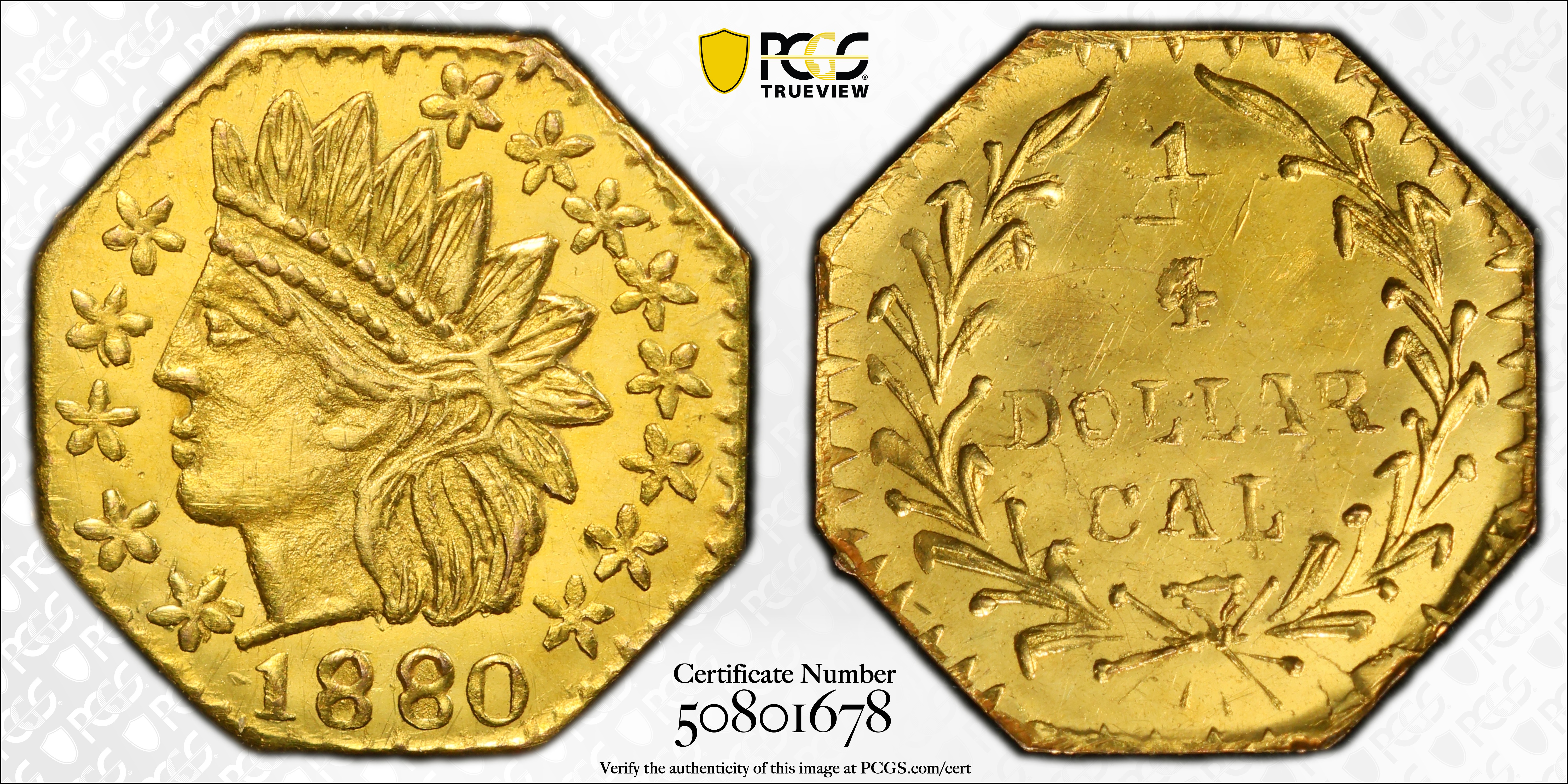 image for: 1880 Octagonal 25 Cents. BG-799Y. Rarity-4+. Indian Head. MS-64 (PCGS).