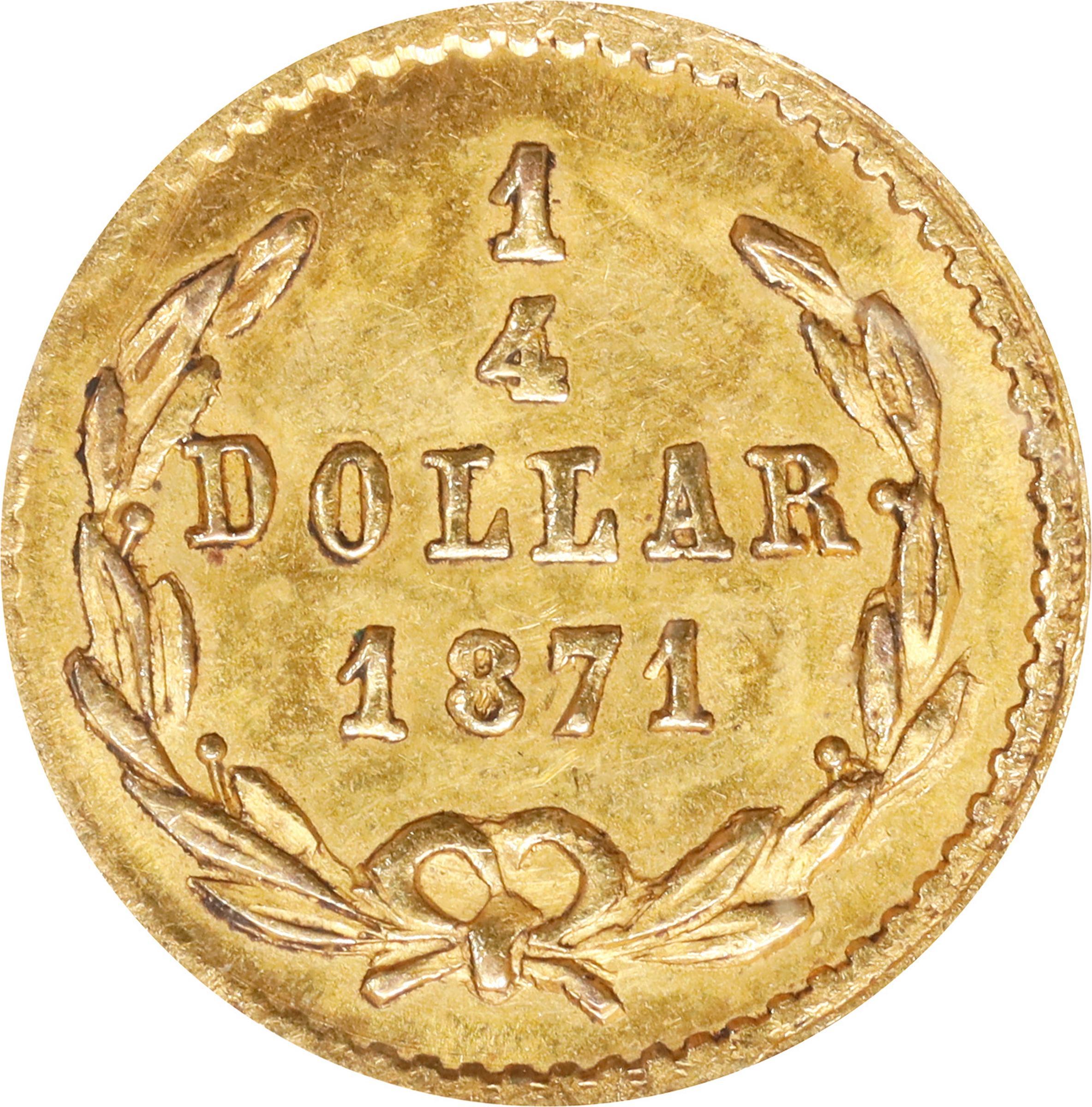 image for: 1871 Round 25 Cents. BG-809. Rarity-4-. Liberty Head. MS-64 (PCGS).