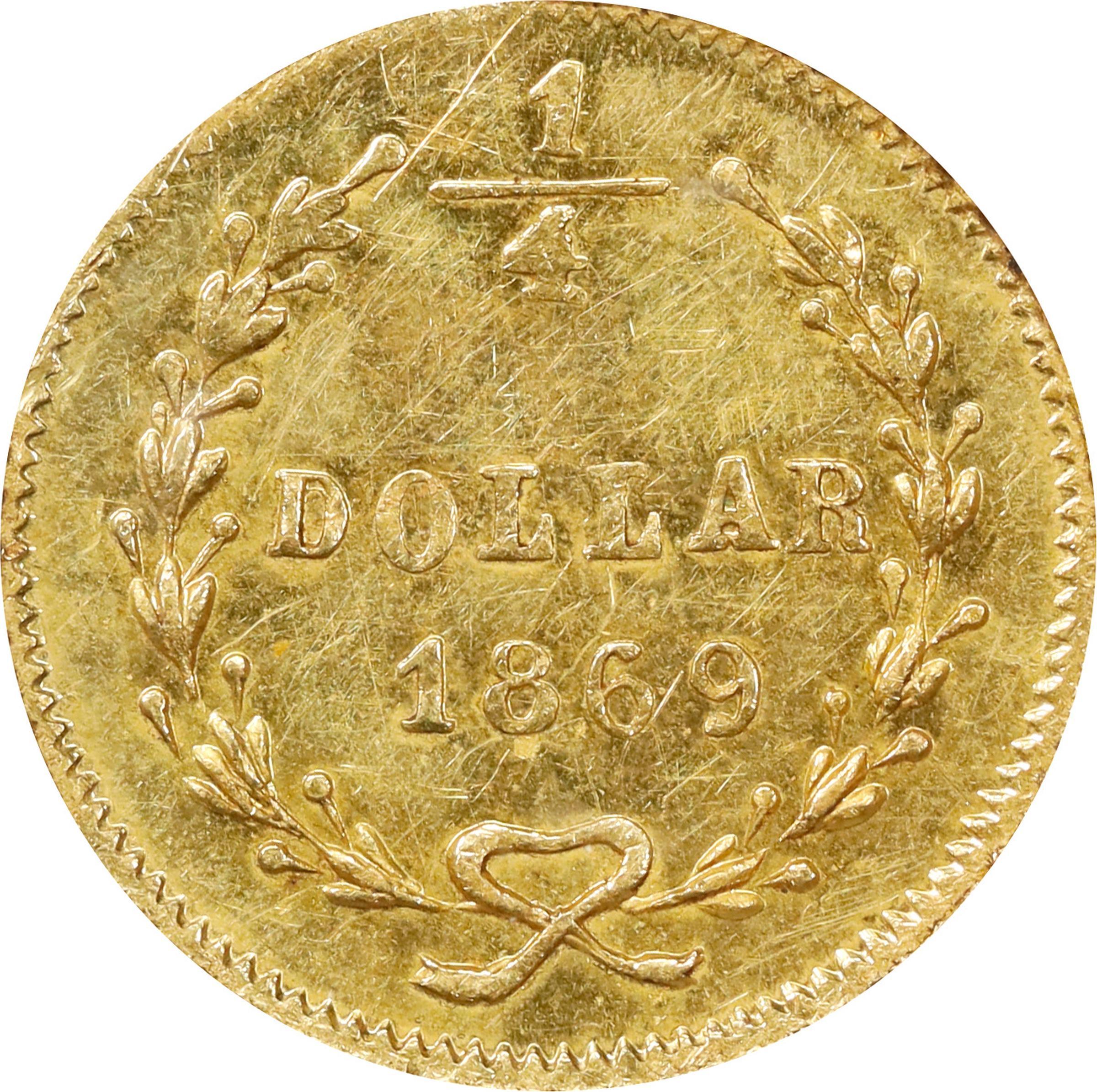 image for: 1869 Round 25 Cents. BG-827. Rarity-5. Liberty Head. MS-62 (PCGS).