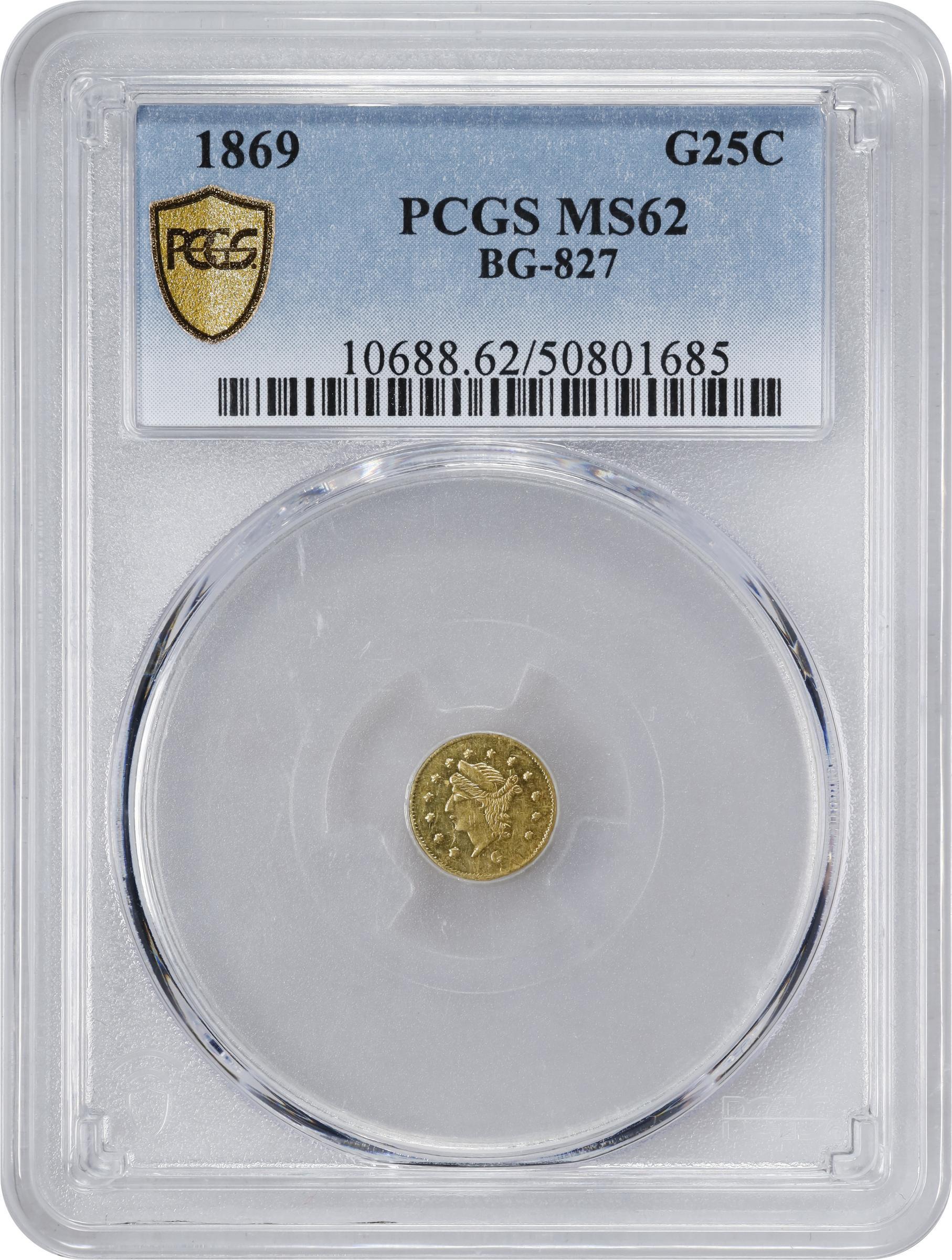 image for: 1869 Round 25 Cents. BG-827. Rarity-5. Liberty Head. MS-62 (PCGS).