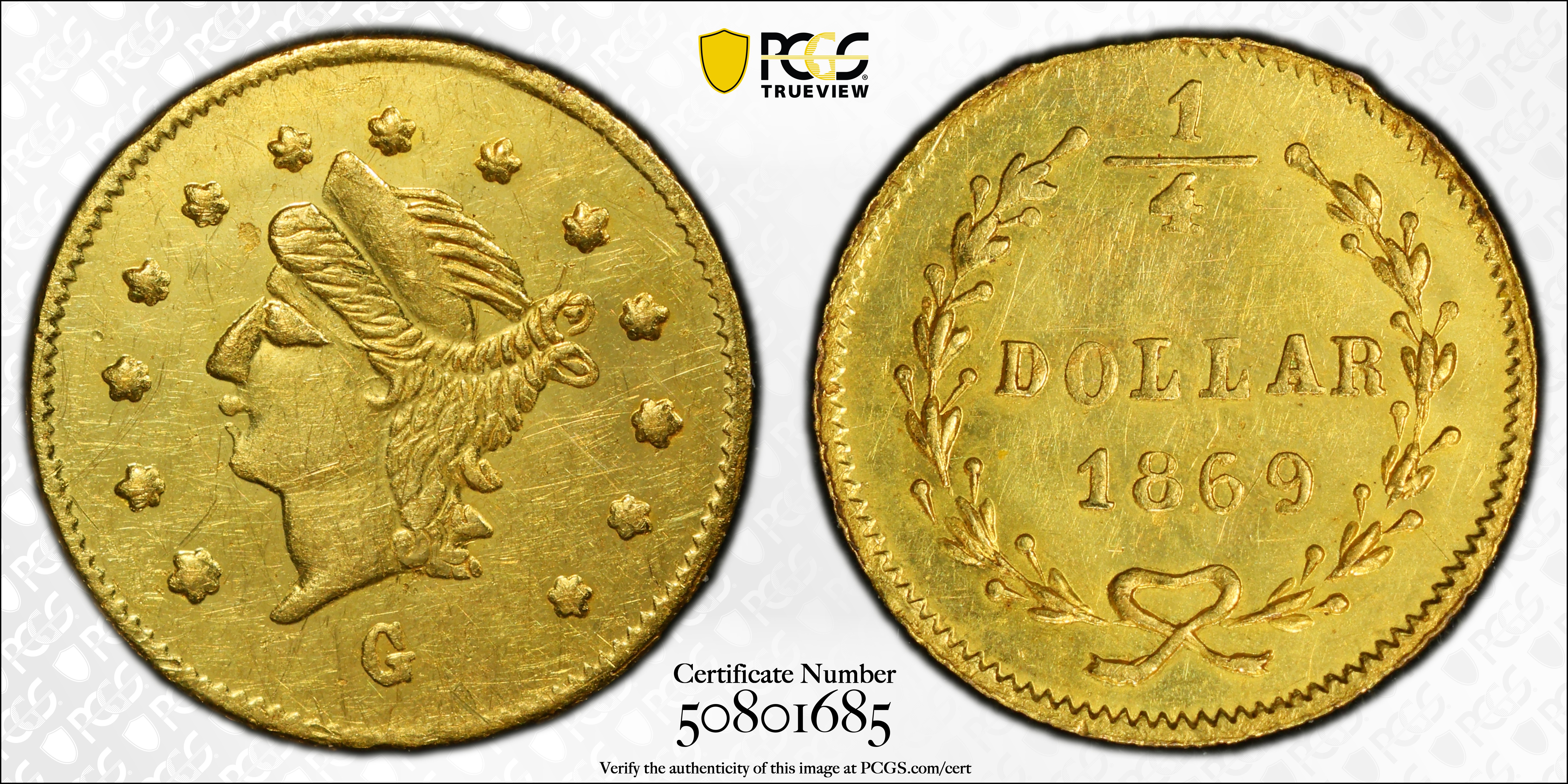 image for: 1869 Round 25 Cents. BG-827. Rarity-5. Liberty Head. MS-62 (PCGS).