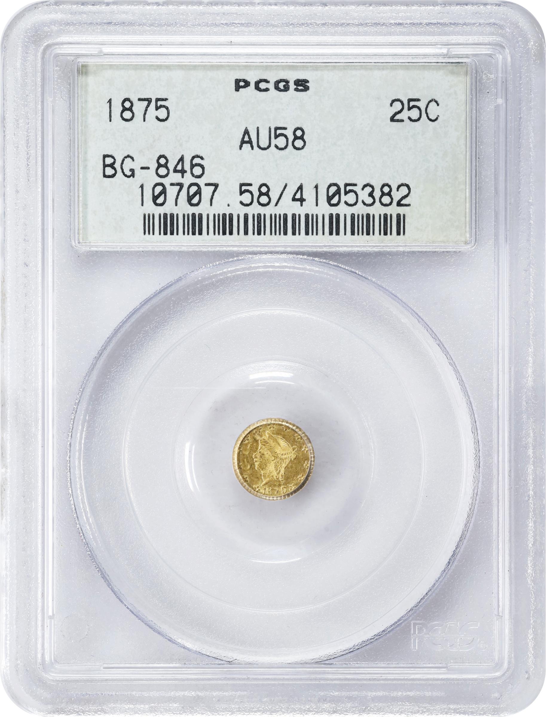 image for: 1875 Round 25 Cents. BG-846. Rarity-6. Liberty Head. AU-58 (PCGS). OGH.