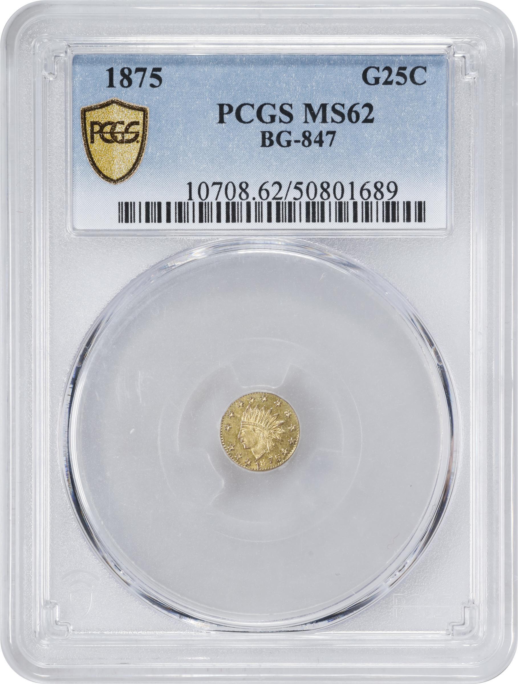 image for: 1875 Round 25 Cents. BG-847. Rarity-4. Indian Head. MS-62 (PCGS).