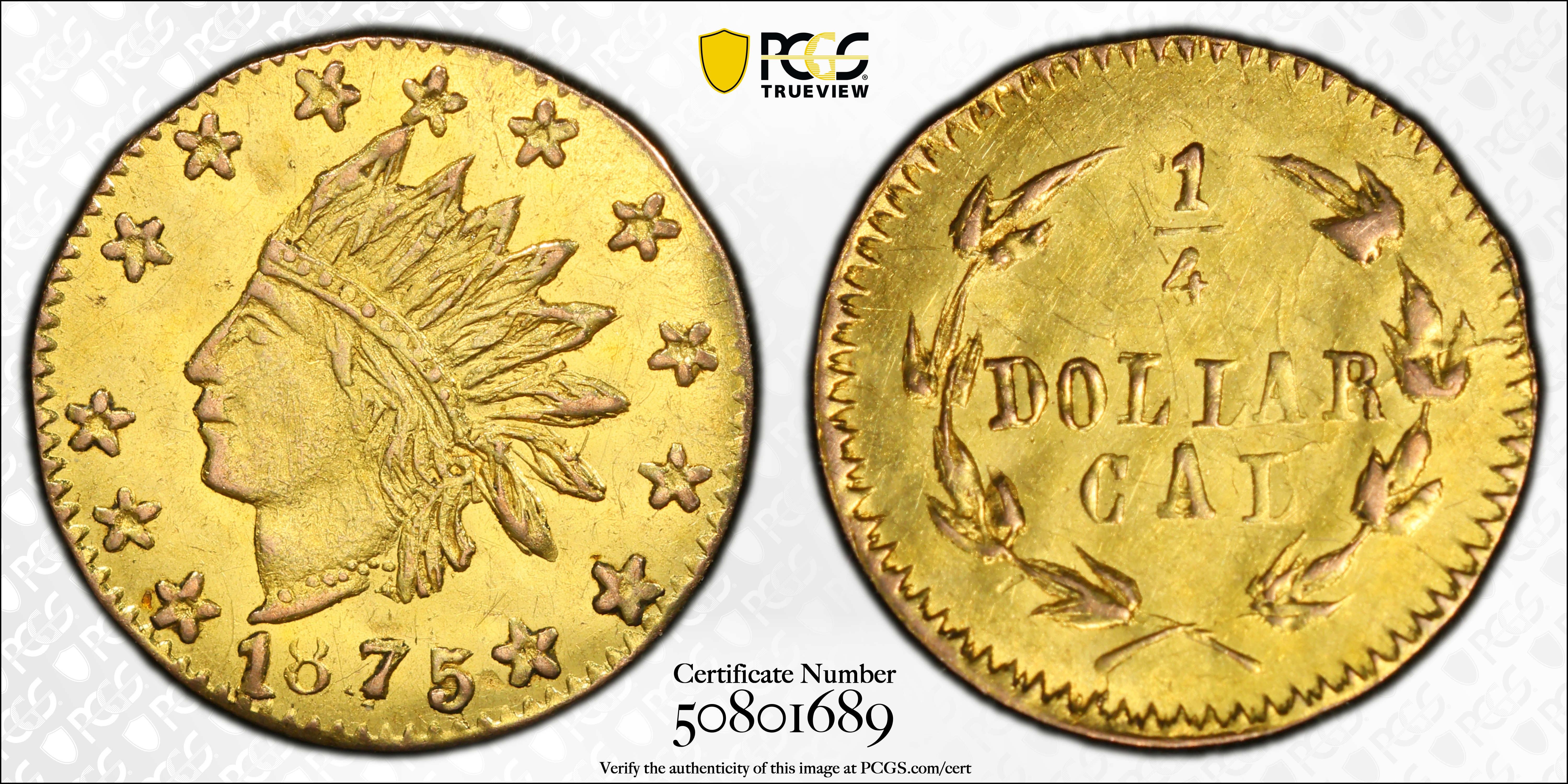 image for: 1875 Round 25 Cents. BG-847. Rarity-4. Indian Head. MS-62 (PCGS).