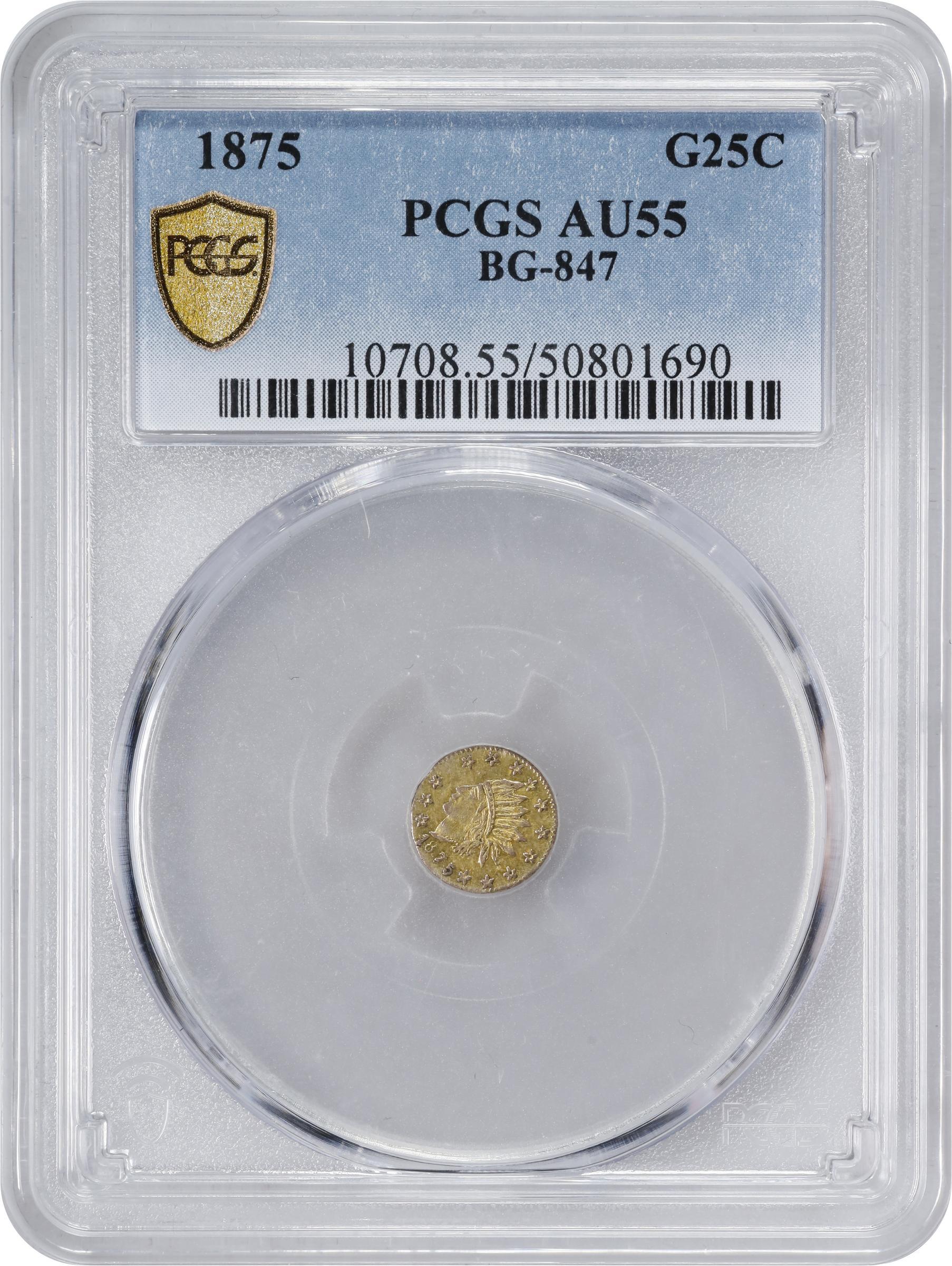 image for: 1875 Round 25 Cents. BG-847. Rarity-4. Indian Head. AU-55 (PCGS).