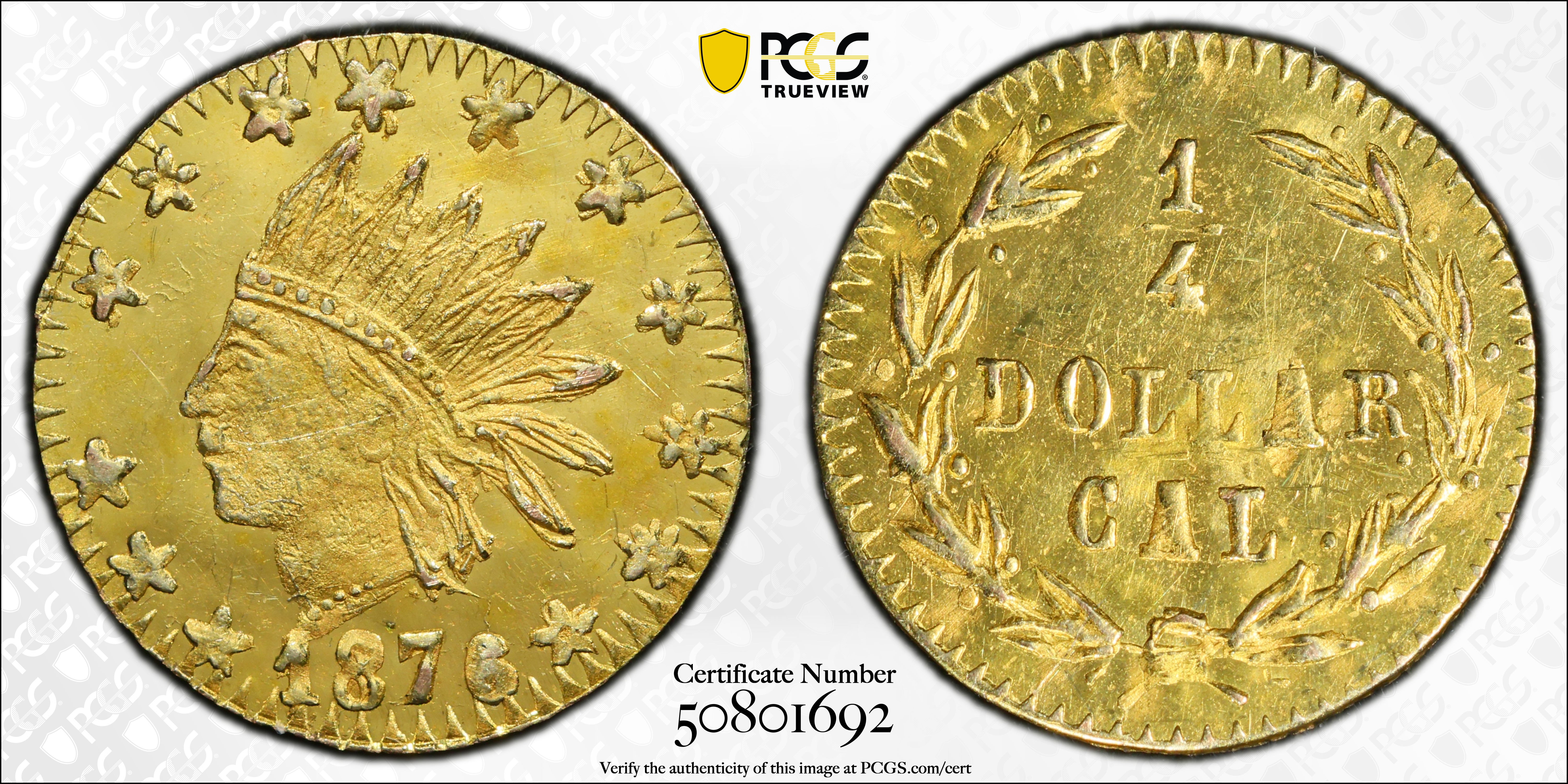 image for: 1876 Round 25 Cents. BG-852. Rarity-5+. Indian Head. Unc Details--Scratch (PCGS).