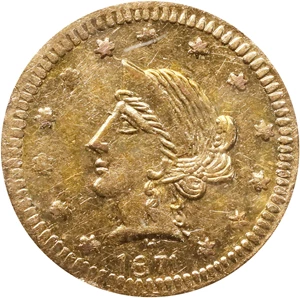 image for: 1871-H Round 25 Cents. BG-859. Rarity-6-. Liberty Head. AU-58 (PCGS).