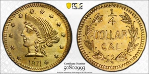 image for: 1871-H Round 25 Cents. BG-861. Rarity-5-. Liberty Head. MS-63 (PCGS).